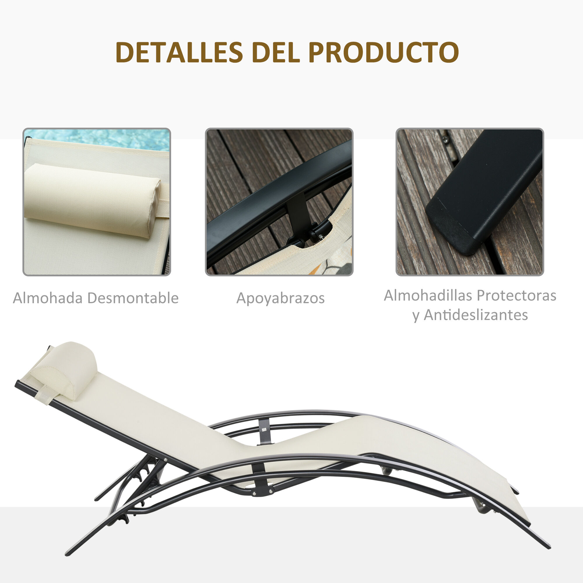 Outsunny Tumbona Reclinable de Aluminioc on Respaldo Ajustable en 5 Posiciones y Reposacabezas Extra&iacute;ble Acolchado Texteline para Jard&iacute;n Terraza Balc&oacute;n 171x64x82 cm Beige, , large Imagen numero 5