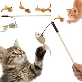 Set Premium de 4 Piezas Resistentes para el Ingenio y Entretenimiento de Mascotas | Juguetes Interactivos para Gatos y Gatitos | Kit de Estimulaci&oacute;n con Ca&ntilde;a o Varita de Madera Natural y Plumas