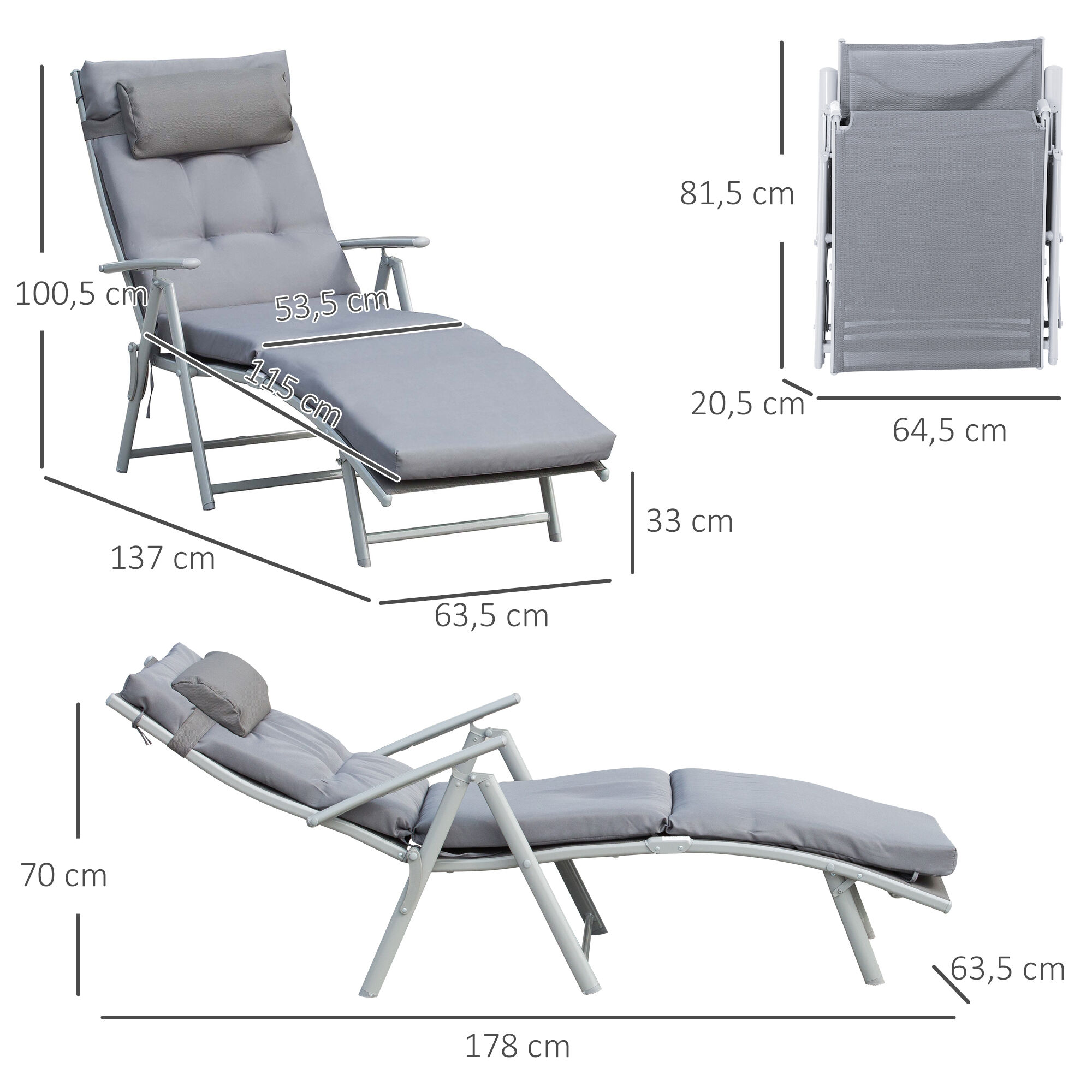 Outsunny Tumbona Plegable Tumbona de Jard&iacute;n con Respaldo Ajustable en 7 Posiciones con Coj&iacute;n Cuerpo Entero y Cabeza para Terraza Piscina Carga M&aacute;x. 165 kg 137x63,5x100,5 cm Gris, , large Imagen numero 3