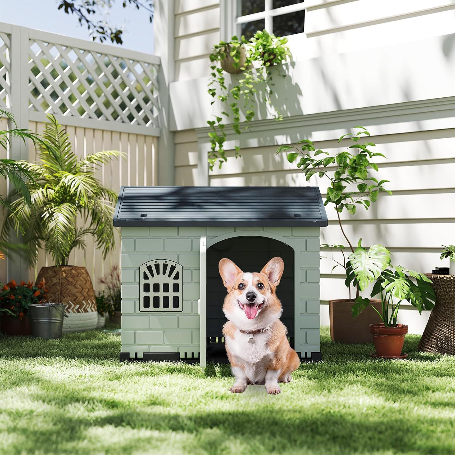 COSTWAY Caseta Perros de Pl&aacute;stico, Refugio para Mascotas con Puerta Bloqueable, 3 Ventanas, Techo Inclinado y Base con Orificios de Drenaje, Jaula Impermeable para Interior y Exterior (Gris), , large Imagen numero 2