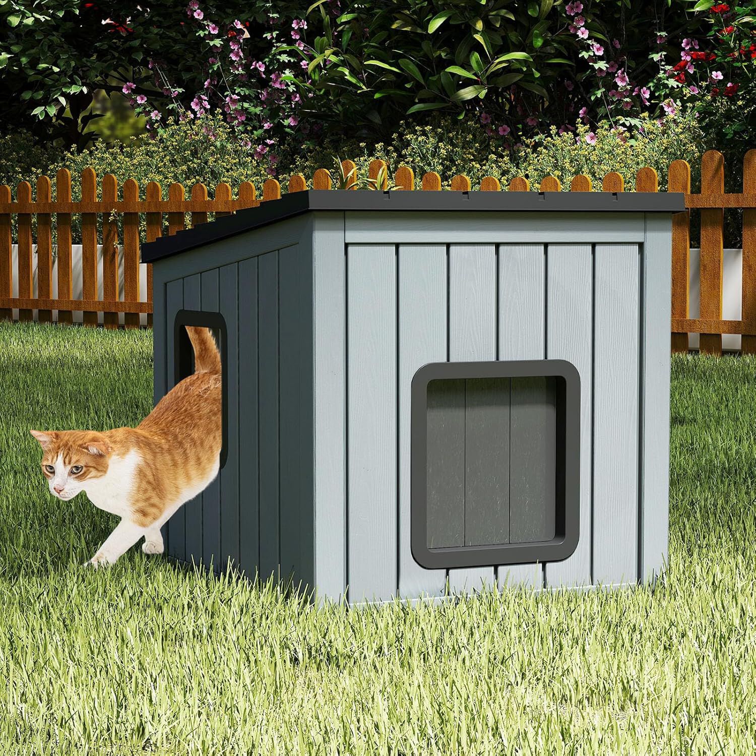 COSTWAY Casa para Gatos Exterior, Resistente a la Intemperie, 62,5x54x56,5 cm, Caseta Gato Exterior con 2 PVC Puertas de Rejilla y Techo Inclinado, Refugio para Mascotas, Cachorros, Conejos, Gris, , large Imagen numero 2