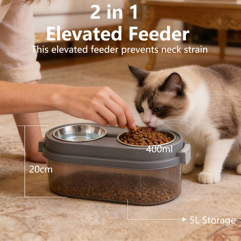 Nobleza Comedero Elevado para Perros Peque&ntilde;os y Medianos &ndash; 2 en 1 con Almacenamiento Herm&eacute;tico de 5L &ndash; Incluye 2 Cuencos de Acero Inoxidable de 400ml &ndash; Estaci&oacute;n de Alimentaci&oacute;n Antideslizante &ndash; Gris, , large Imagen numero 2