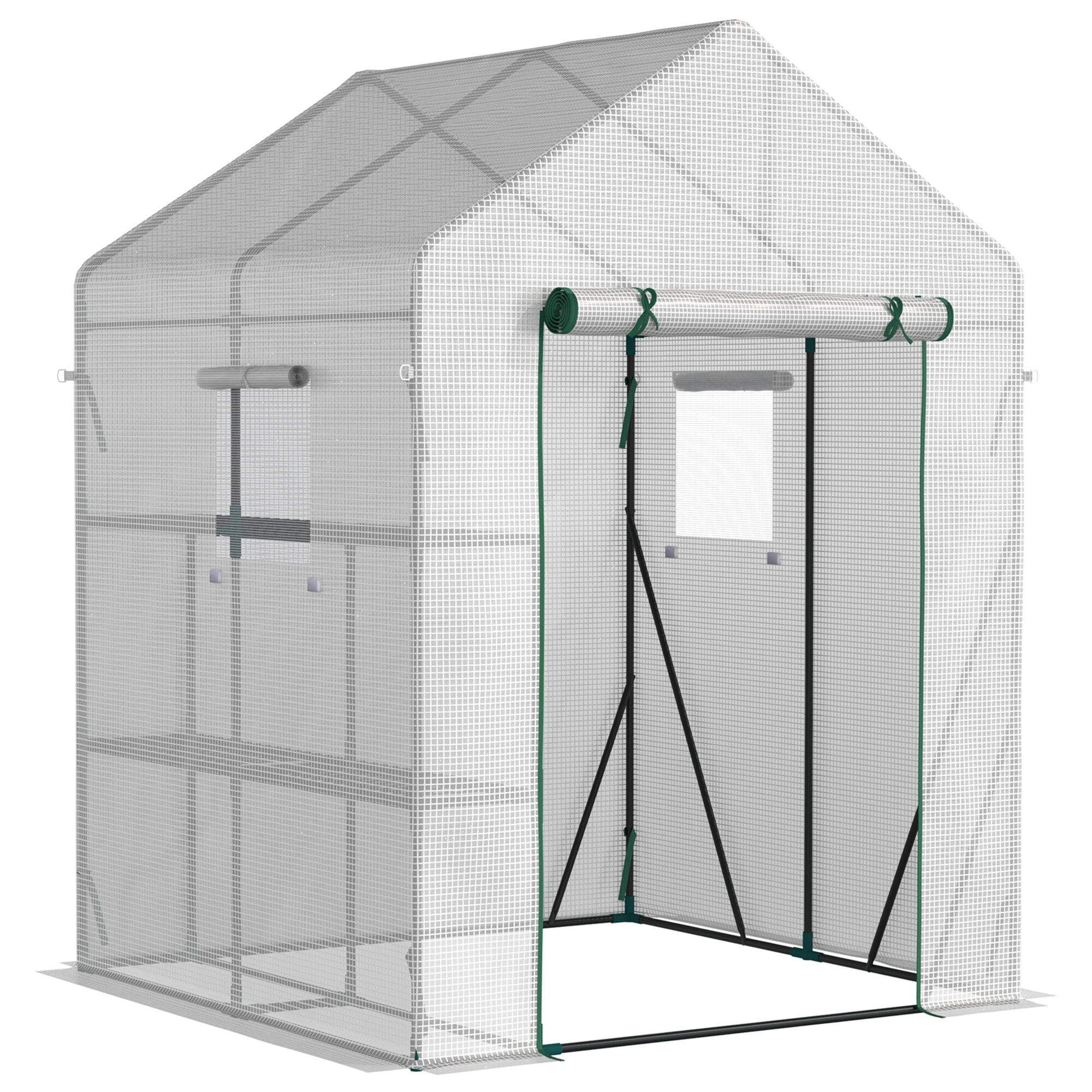 Outsunny Invernadero de Jard&iacute;n 143x143x195 cm Vivero Casero de Acero con 4 Estantes Puerta y 2 Ventanas Enrollables para Cultivos Plantas Macetas Flores Patio Exterior Blanco, , large Imagen numero 1