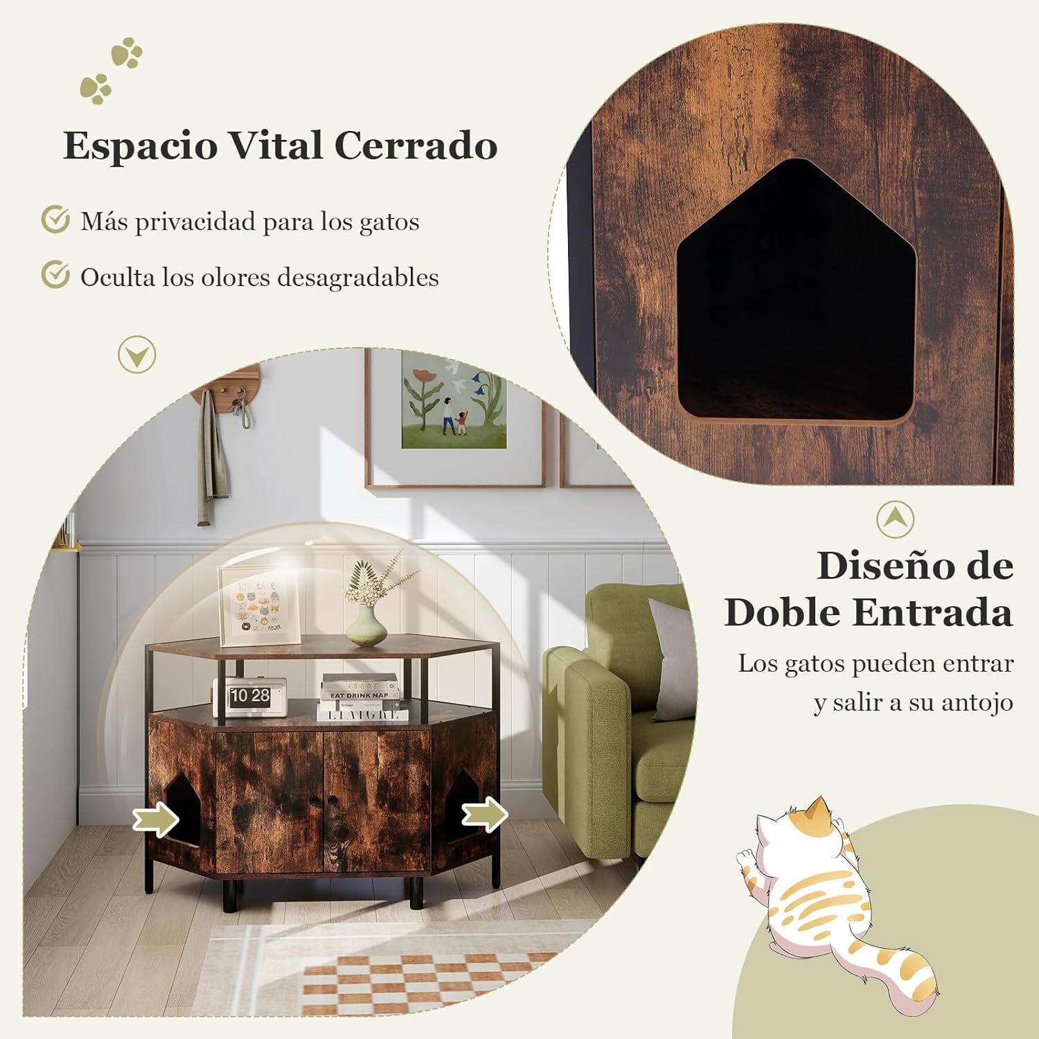 COSTWAY Mueble Arenero para Gatos, Casa Esquinera para Gatos de Madera con Estante Abierto, 2 Puertas, 2 Entradas y Patas de Metal, Casa de Ba&ntilde;o para Mascota, 105 x 50 x 73 cm (Marr&oacute;n), , large Imagen numero 5