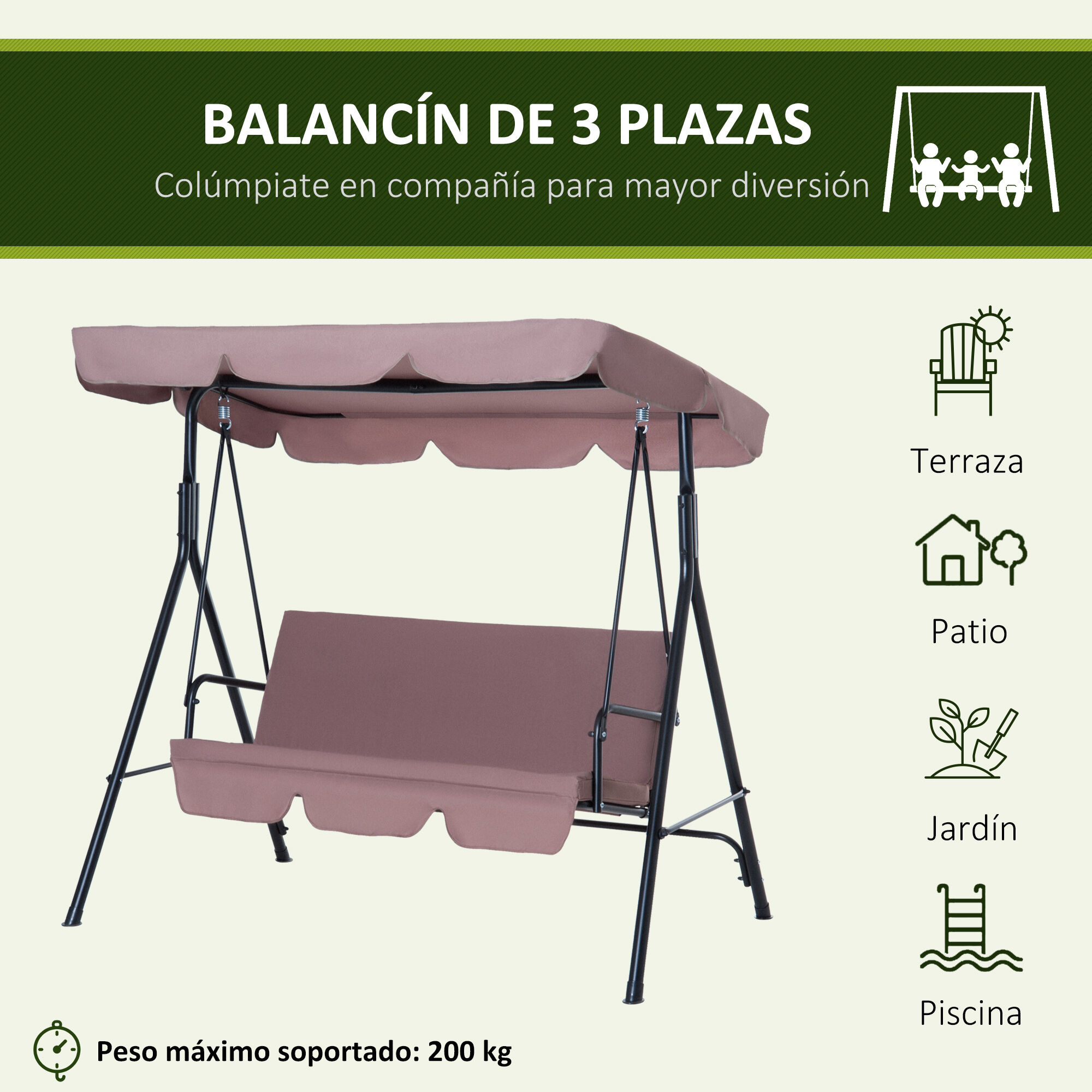 Outsunny Columpio de Jard&iacute;n de 3 Plazas Silla Balanc&iacute;n con Parasol Techo Ajustable en &Aacute;ngulo Impermeable para Exterior Terraza Balc&oacute;n Carga M&aacute;x. 200 kg Acero 172x110x153 cm Marr&oacute;n, , large Imagen numero 4