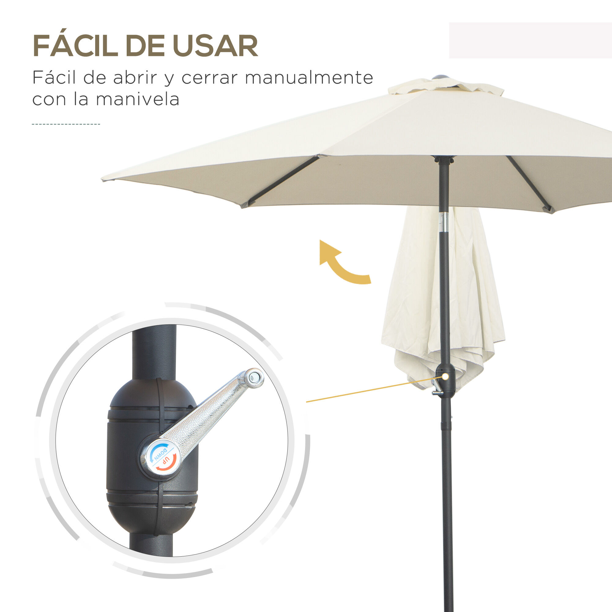 Outsunny Sombrilla para Jard&iacute;n &Oslash;260x235 cm Parasol de Aluminio con Reclinable con Manivela y 6 Varillas para Terraza Exterior Balc&oacute;n Crema, , large Imagen numero 4