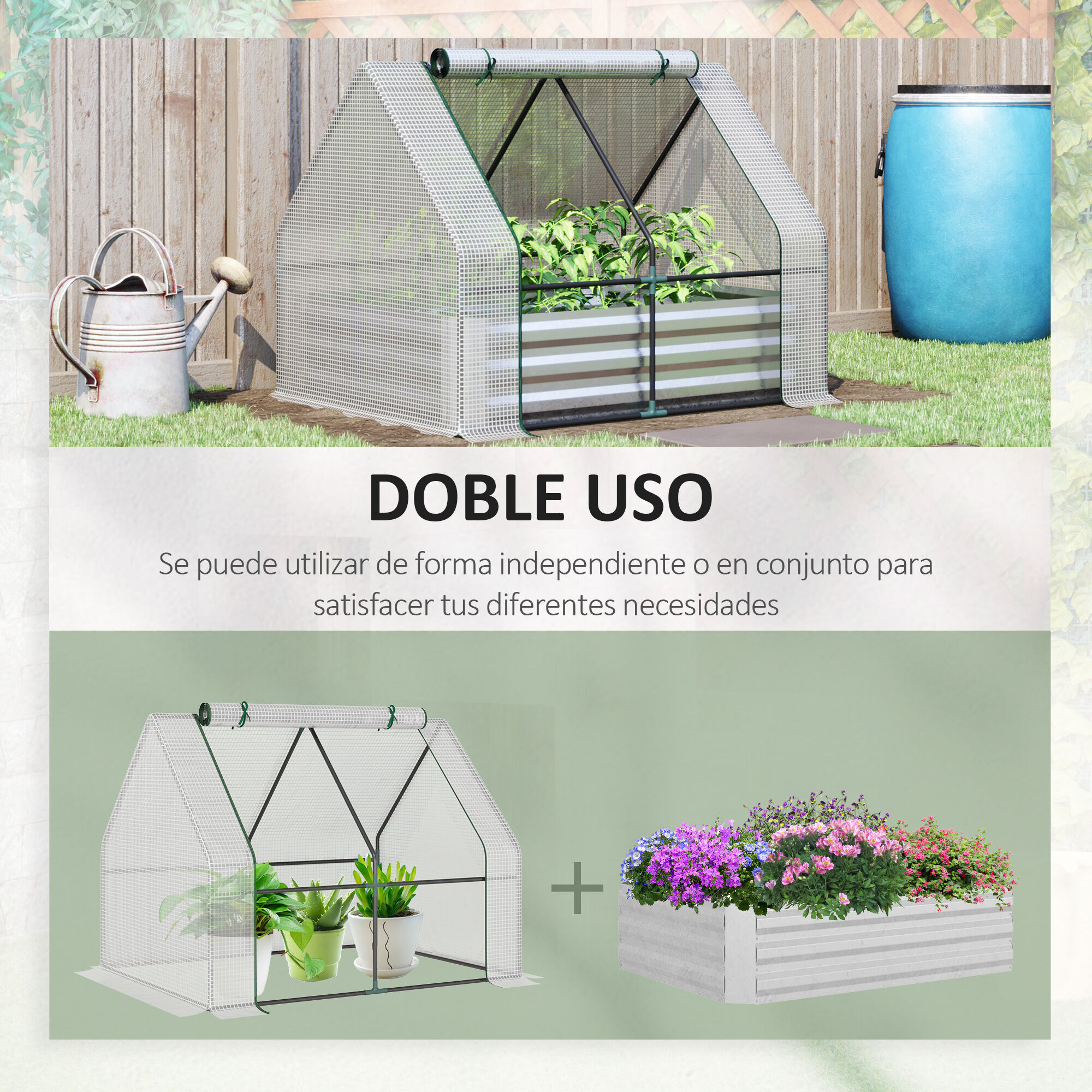 Outsunny Huerto Urbano con Invernadero Invernadero de Exterior 127x95x92 cm Tipo Caseta con Arriate de Acero Interior Ventana Enrollable y Cubierta de PE 140 g/m&sup2; para Cultivos Plantas Flores Blanco, , large Imagen numero 4