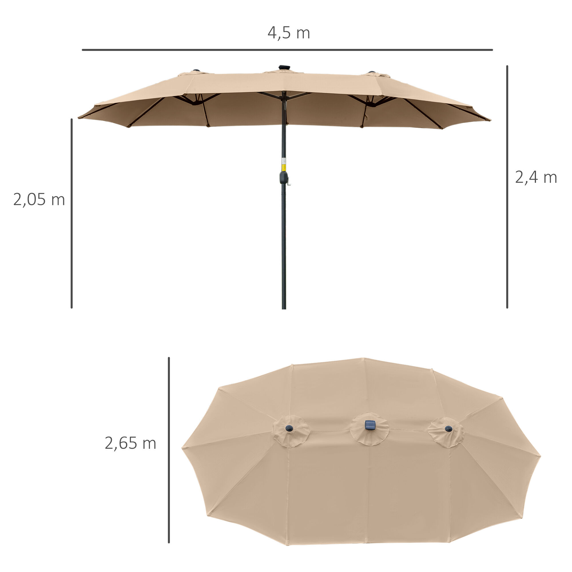 Outsunny Sombrilla Doble de Jard&iacute;n con 48 Luces LED Solar 450x265x240 cm Parasol para Patio con Manivela Protecci&oacute;n Solar para Terraza Balc&oacute;n Piscina Caqui, , large Imagen numero 3