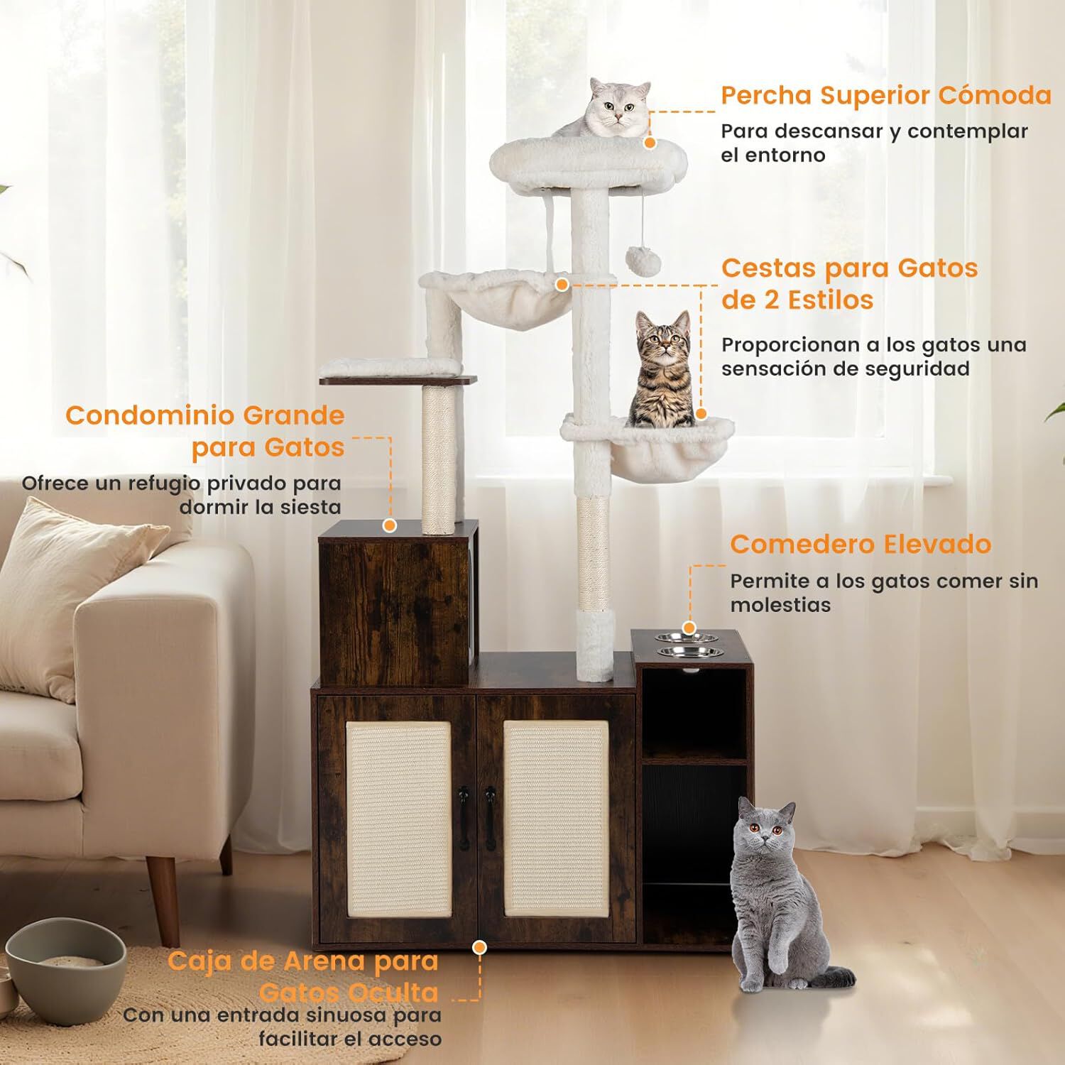 COSTWAY Mueble Arenero para Gatos, &Aacute;rbol Rascador para Gatos con Caja de Arena, 2 Hamacas, Mirador, Postes y Alfombrillas para Rascar, Comederos, Torre Rascador para Gatitos, 87x45x161 cm, Industrial, , large Imagen numero 2