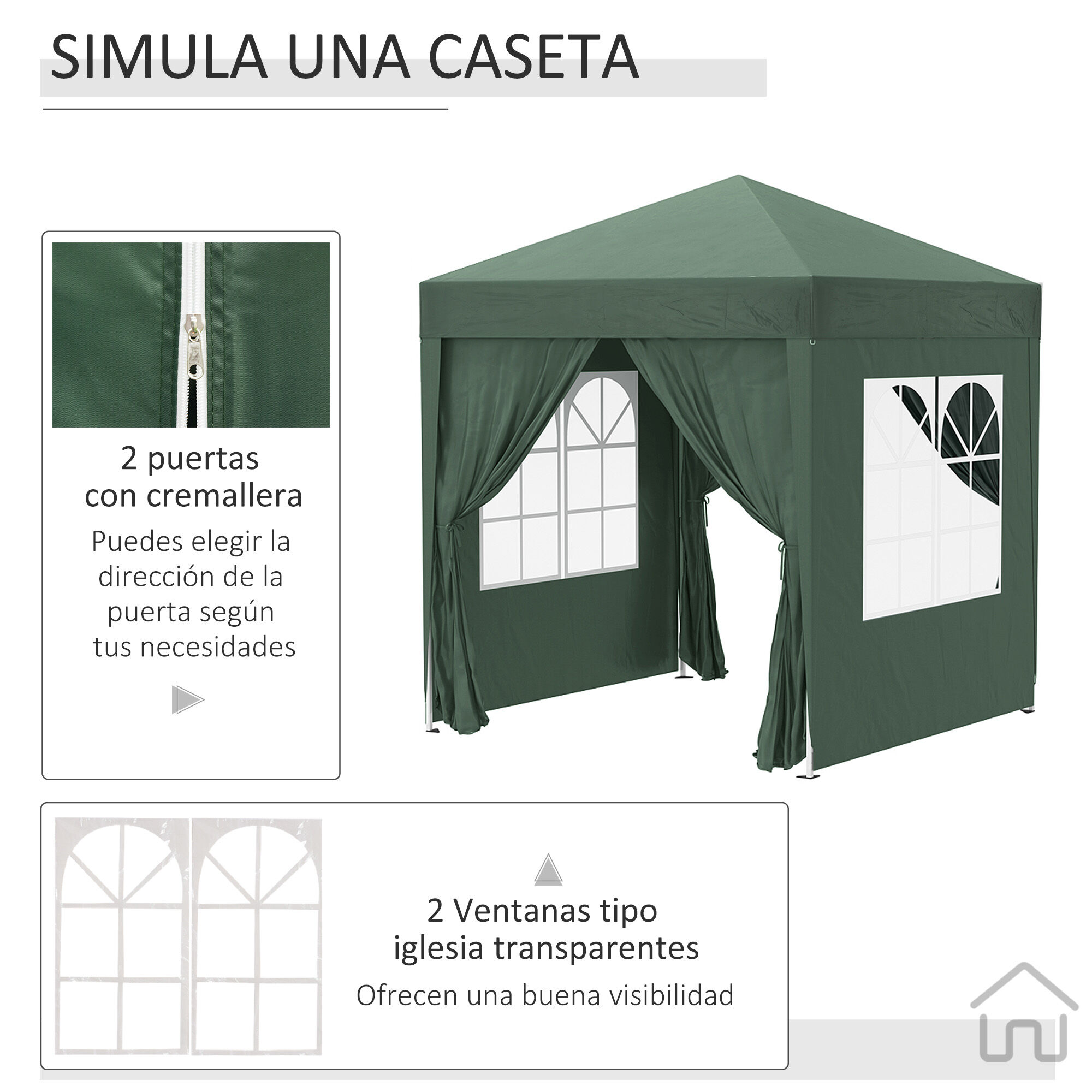 Outsunny Carpa Plegable Gazebo 2x2 m Cenador de Jard&iacute;n con 4 Paredes Laterales Tela Oxford 2 Puertas 2 Ventanas y Bolsa de Transporte Impermeable para Exterior Terraza Camping Fiestas Verde, , large Imagen numero 5