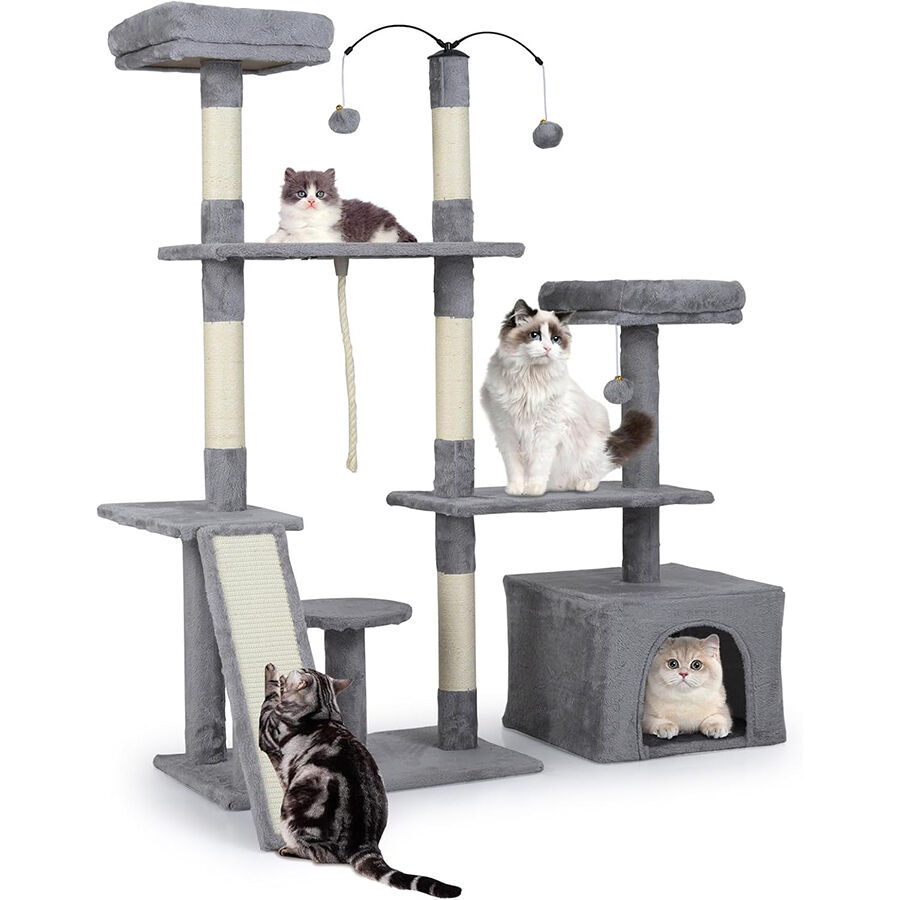 COSTWAY &Aacute;rbol Rascador para Gatos de 136 cm, Castillo para Gato con Postes de Sisal, Rampa, 2 Posaderos Acolchados, Condo Grande, Bolas Colgantes, Torre Rascador para Hogar Varios Gatos (Gris Claro), , large Imagen numero 1
