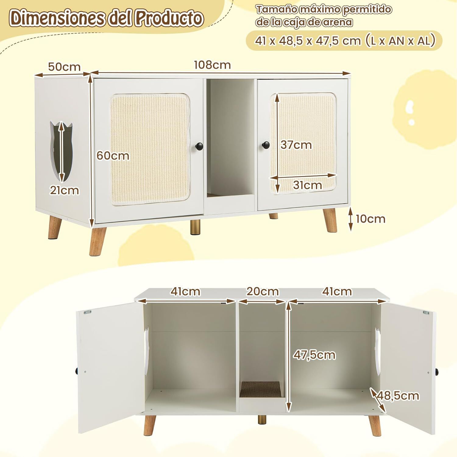 COSTWAY Mueble Arenero para Gatos, Mueble Oculto para Gatos con 2 Habitaciones, 2 Alfombrillas Rascadoras de Sisal, Tabla de Rascar, Casa de Gatos de Interior para Salón Dormitorio (Blanco) thumbnail