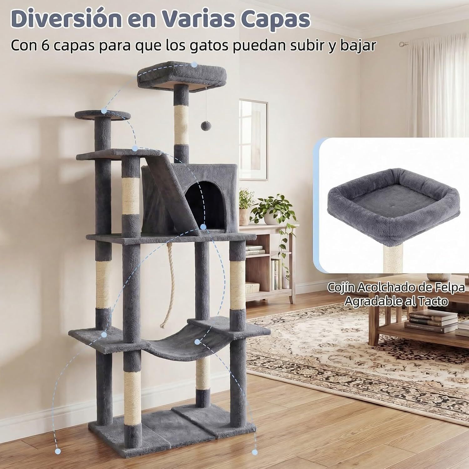 COSTWAY &Aacute;rbol Rascador para Gatos 158 CM, Torre Multinivel con 2 Cuevas Grandes,Hamaca, 3 Postes Rascadores de Sisal, Rampa y Bola Colgante, Torre Rascador de Felpa para Gatos (Gris Oscuro), , large Imagen numero 4