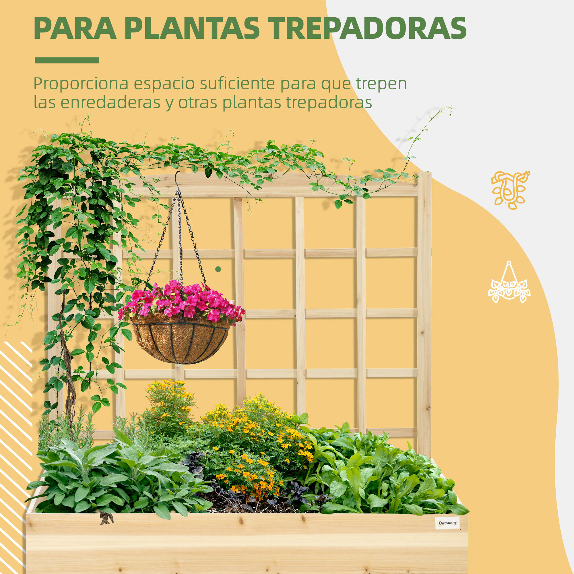 Outsunny Jardinera de Madera con Enrejado Arriate de Jard&iacute;n con Celos&iacute;a Jardinera de Caja para Trepadoras Cultivos Verduras Flores 110x116x120 cm Natural, , large Imagen numero 4