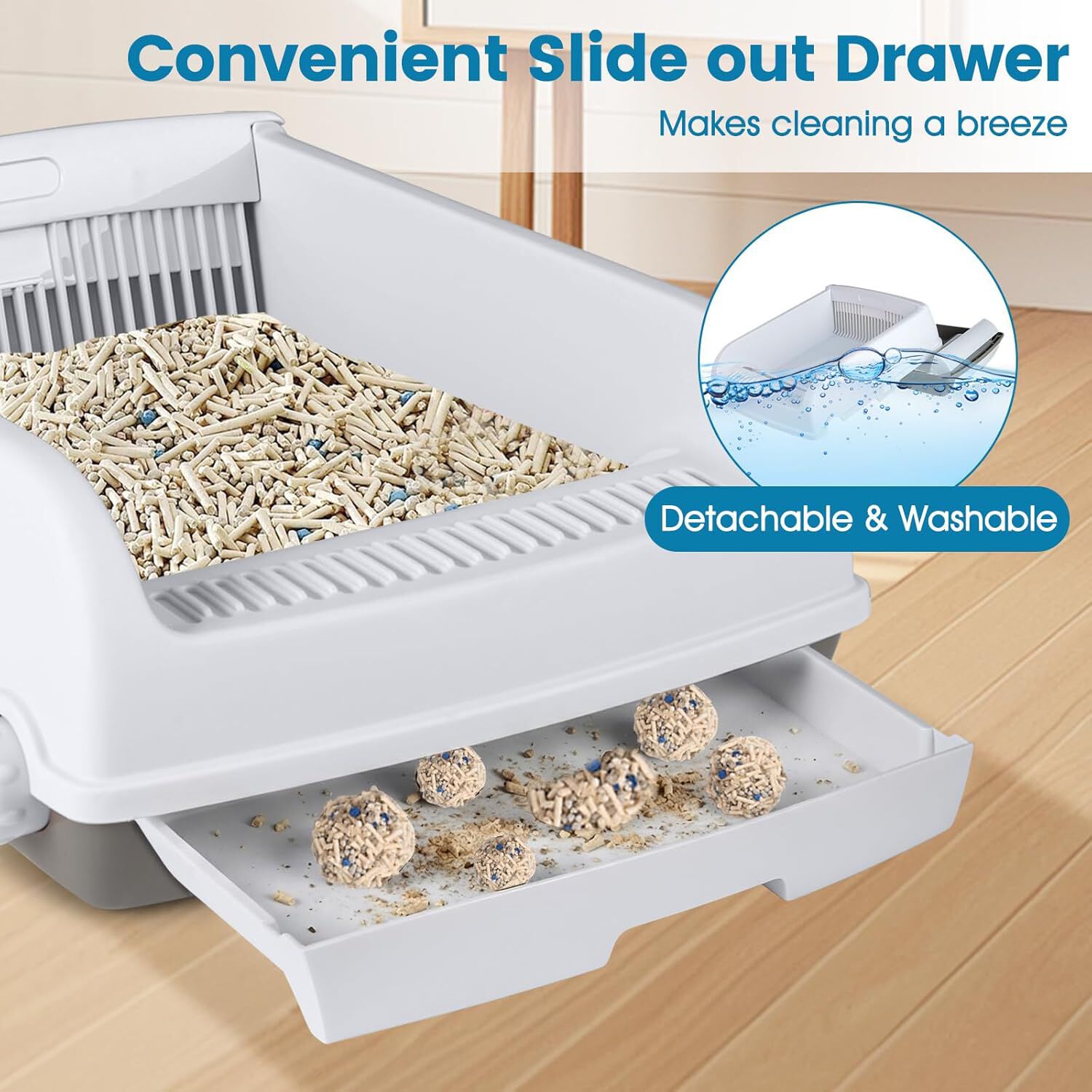 COSTWAY Arenero para Gatos con Bordes Altos, 60x46x24 cm, Caja de Arena para Gatos Semi-Autom&aacute;tica a Prueba de Salpicaduras con Bandeja Tipo Caj&oacute;n, Pala Deslizante y Pedal Filtrante de Arena (Blanco, , large Imagen numero 4