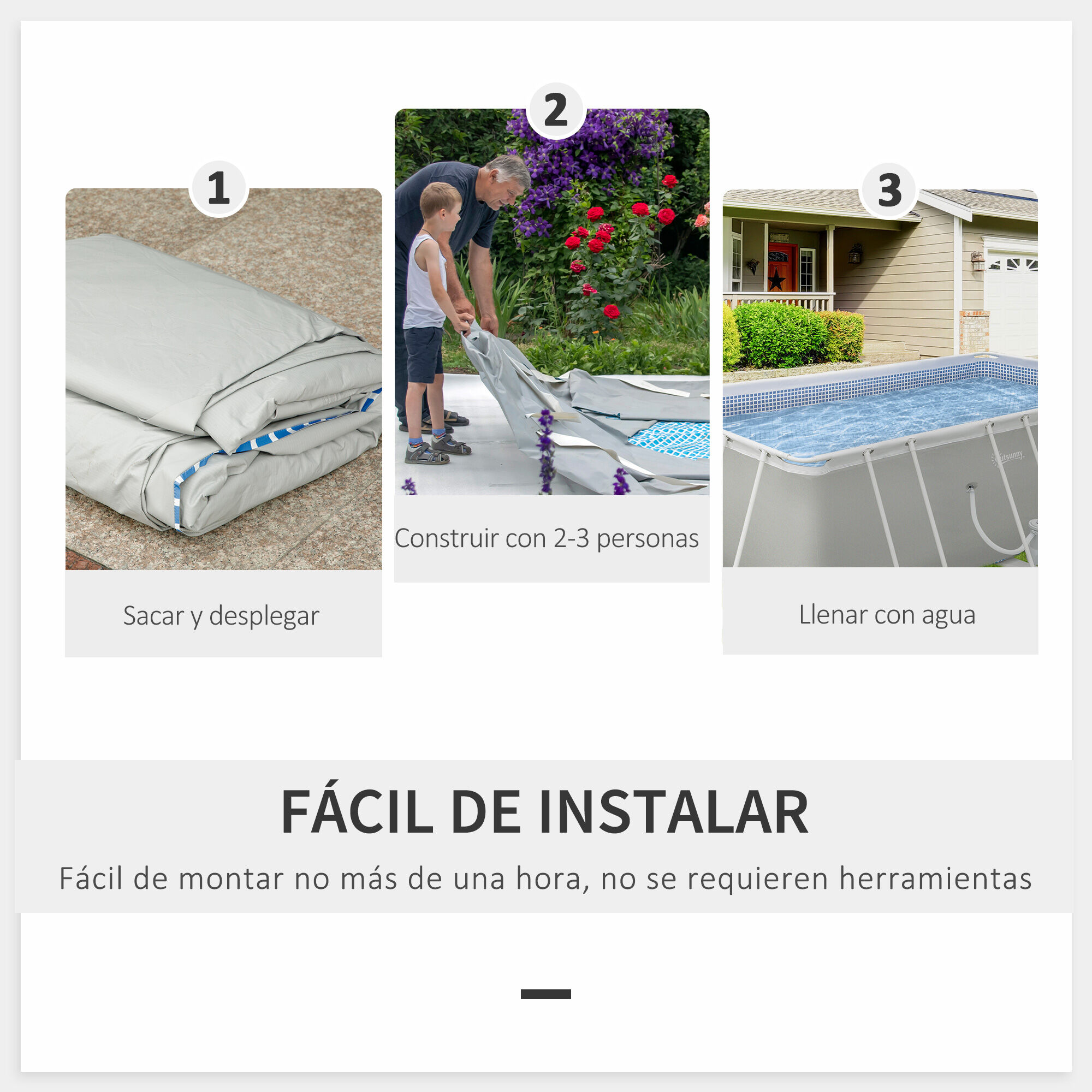 Outsunny Piscina Desmontable 440x240x122 cm Piscina Rectangular de Exterior con Depuradora de Cartucho 4,000 L/H y Marco de Acero 9760 L Gris, , large Imagen numero 5