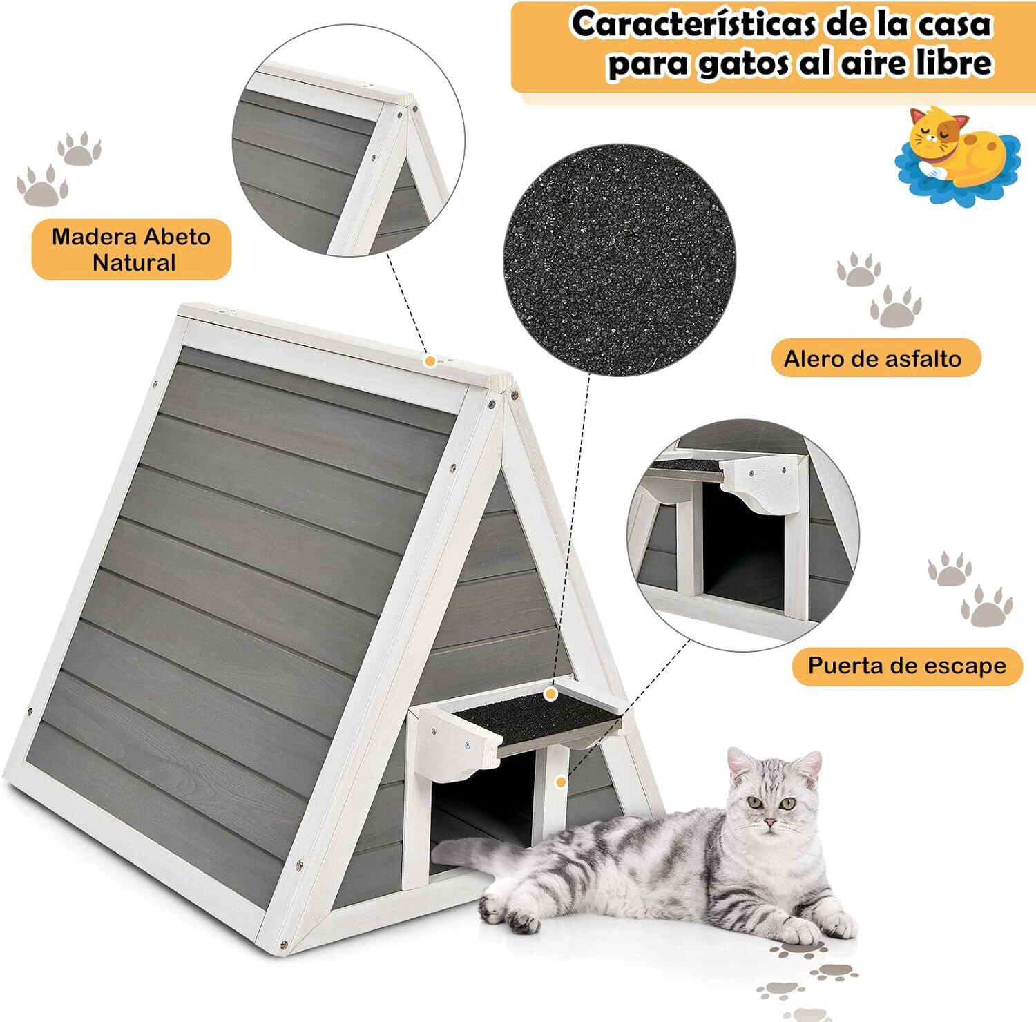 COSTWAY Casa Triangular de Madera con Techo Resistente a la Intemperie para gatos thumbnail