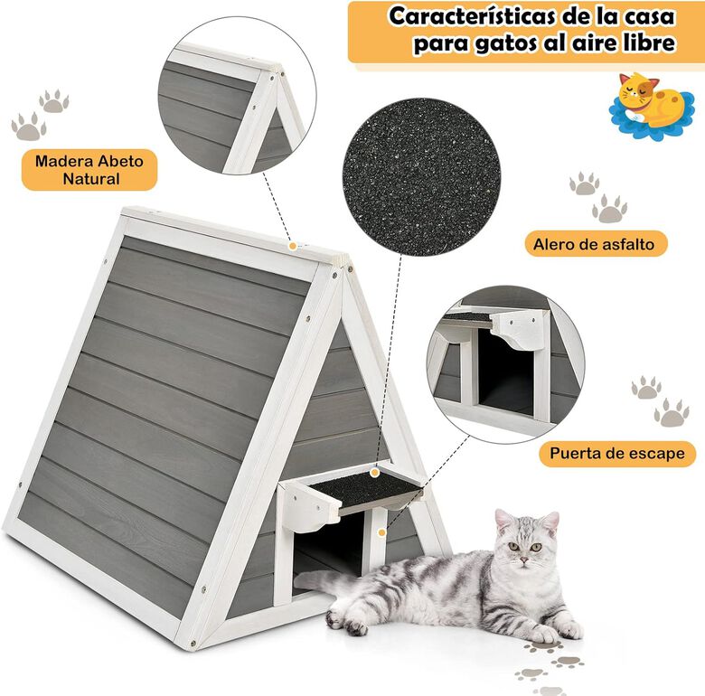 COSTWAY Casa Triangular de Madera con Techo Resistente a la Intemperie para gatos thumbnail