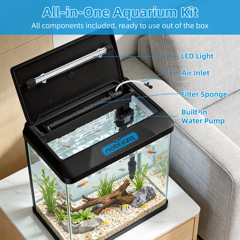 Nobleza - Acuario de Cristal 30L con Iluminaci&oacute;n LED y Sistema de Filtro, Pecera con Cubierta y Accesorios para Peces de Agua Dulce y Salada, Dise&ntilde;o Curvo Moderno, , large Imagen numero 2