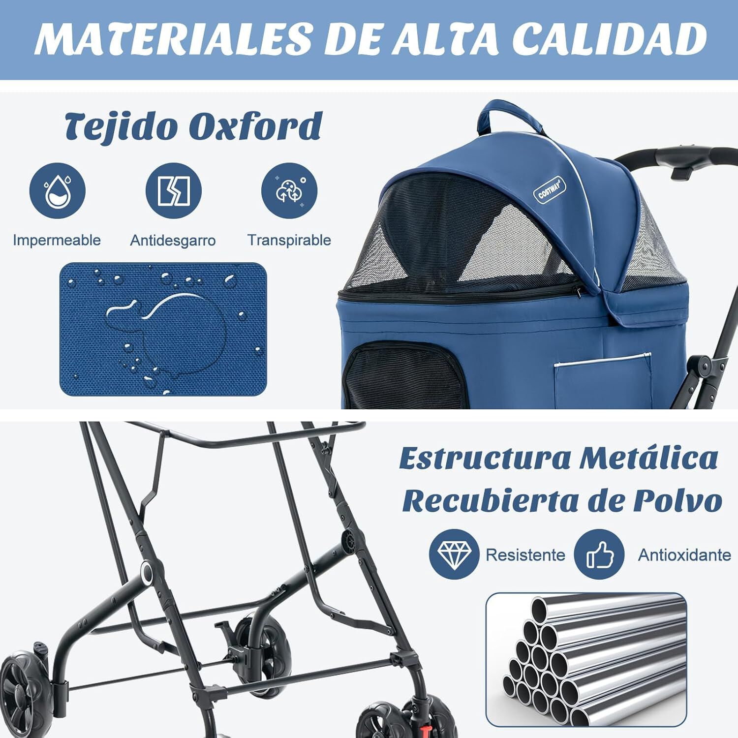 COSTWAY Cochecito para Perros Plegable, 3 en 1 Carrito para 2 Perros o Gatos, con 2 Transportines Desmontables, Cintur&oacute;n de Seguridad, Cojines Desmontables, Carrito de Viaje para Mascotas (Azul), , large Imagen numero 5