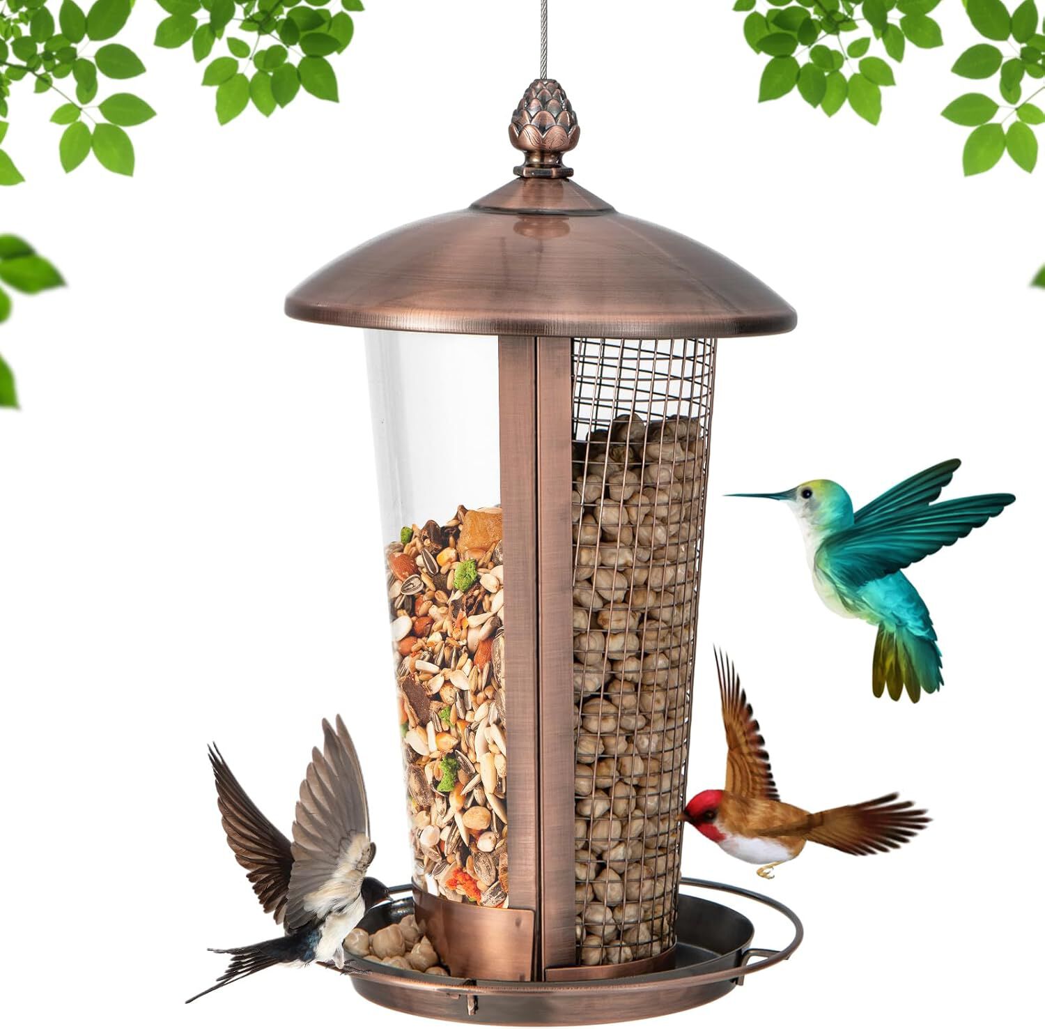 COSTWAY Comedero 2 en 1 de Metal para P&aacute;jaros Silvestres, Comedero Solar con Techo y 2 Tubos para P&aacute;jaros al Aire Libre,Comedero para Semillas de Aves Separadas, Decoraci&oacute;n de Jard&iacute;n y Patio, , large Imagen numero 1