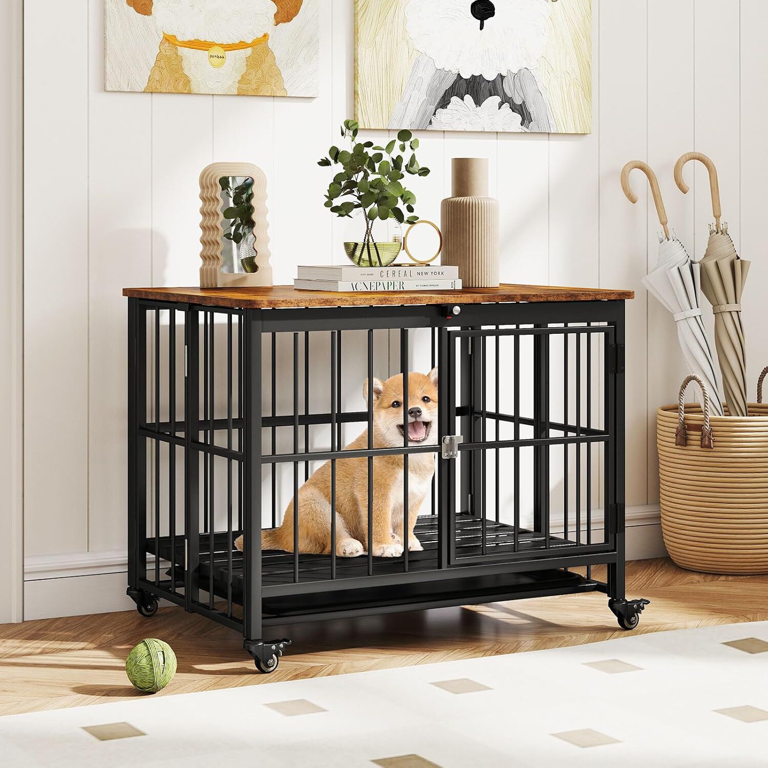 COSTWAY Jaula Plegable para Perros, Casa para Perros con Puerta, Ruedas Bloqueables y Bandeja Extra&iacute;ble, Ahorra Espacio, Mueble de Madera para Perro con Estructura Met&aacute;lica de Interior (80x61x64 cm), , large Imagen numero 2