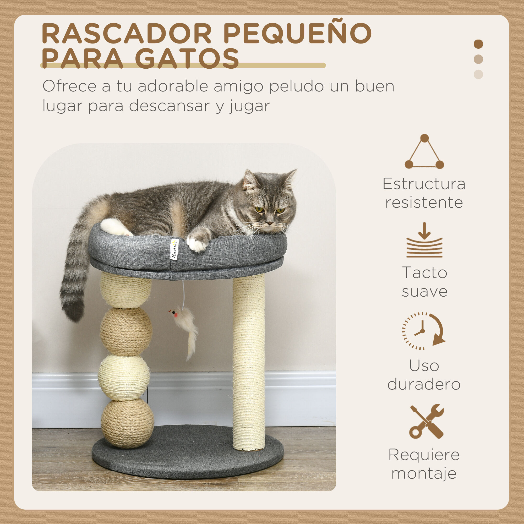 PawHut &Aacute;rbol Rascador para Gatos Peque&ntilde;o Torre para Gatos Centro de Actividades para Gatitos con Nido 4 Bolas y Poste de Sisal Carga 15 kg &Oslash;40x48 cm Gris y Beige, , large Imagen numero 4