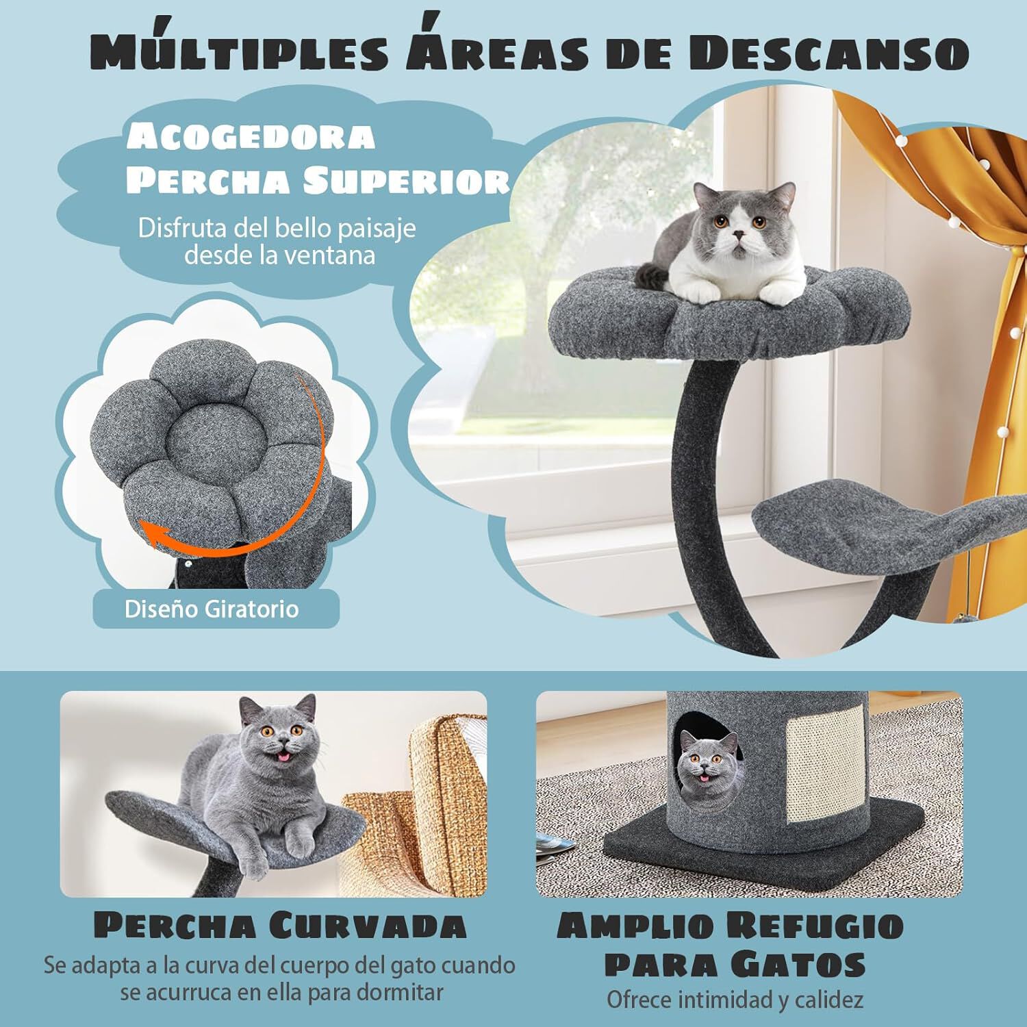 COSTWAY &Aacute;rbol para Gatos Altura 88 cm, Torre para Gatos con Marco de Soporte de Metal, Tabla Rascador de Sisal, 2 Plataformas, Condominio, Centro de Actividades de 3 Niveles para Gatos, , large Imagen numero 3