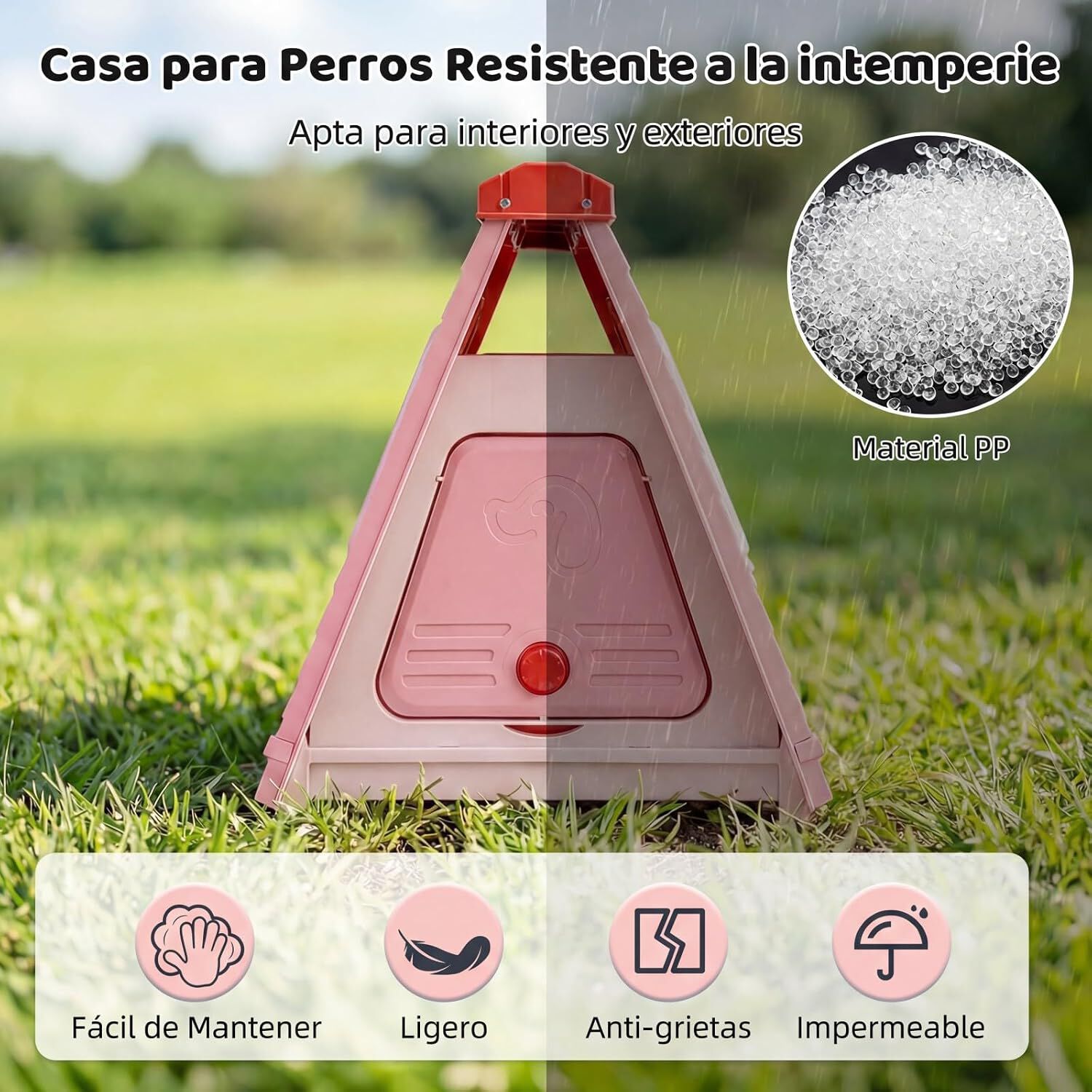 COSTWAY Caseta Perros para Exterior, Casa Plegable de Pl&aacute;stico para Perros con Puerta de Solapa Bloqueable, Ventanas, Base Elevada, Refugio Port&aacute;til Impermeable para Mascotas, 72 x 60 x 68 cm (Rosa), , large Imagen numero 3