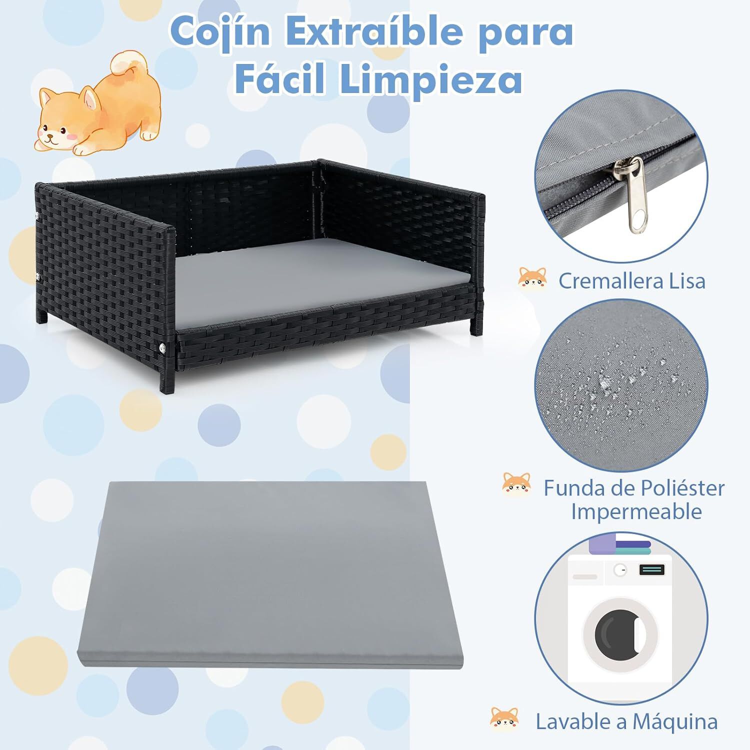 COSTWAY Cama Perro de Rat&aacute;n, Cama para Perros de 62x46x25cm, Sof&aacute; Cama para Mascotas de Mimbre Tejido a Mano con Coj&iacute;n Suave Impermeable, Estructura de Metal Adecuado para Perros Peque&ntilde;os/Medianos, , large Imagen numero 3