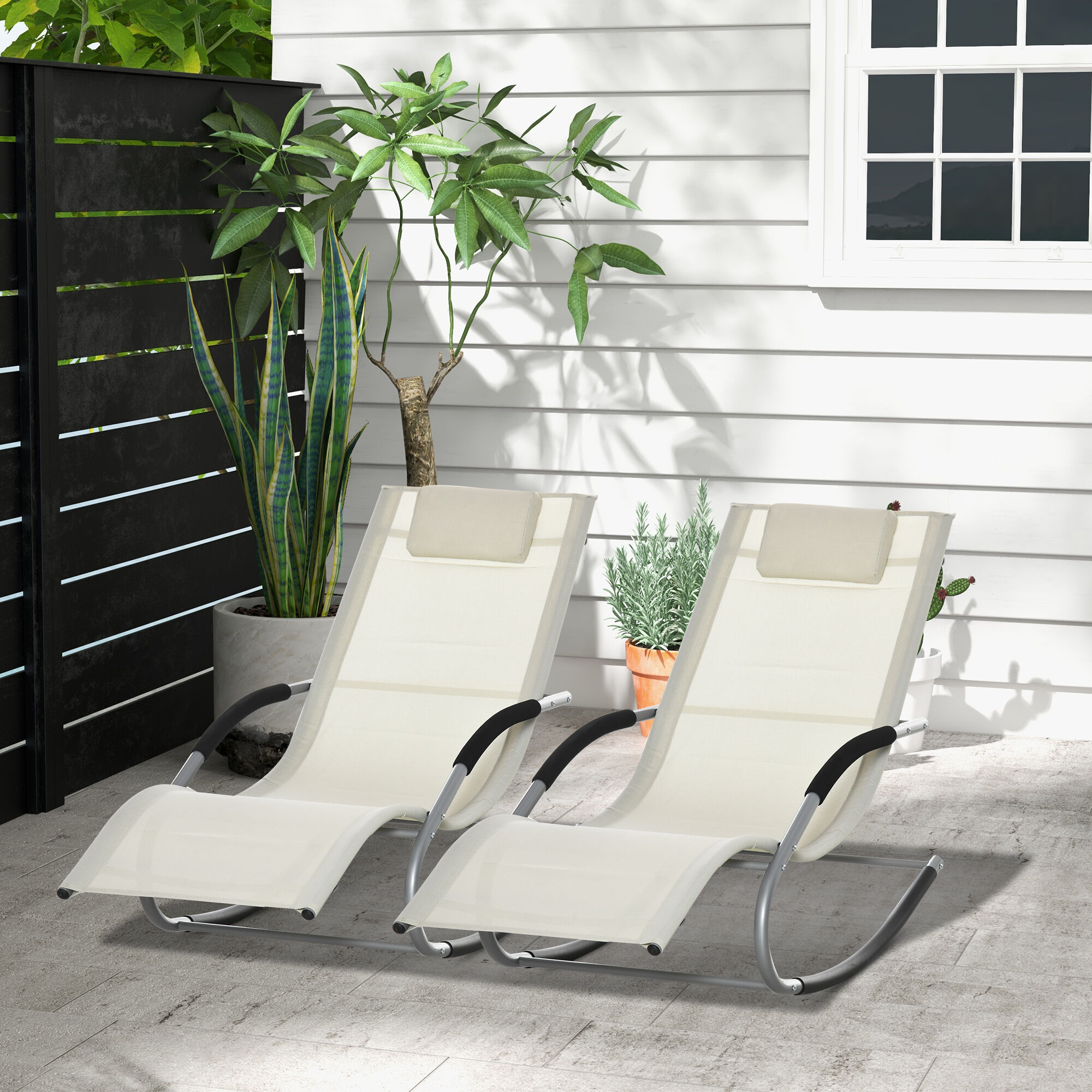 Outsunny Conjunto de 2 Mecedoras para Jard&iacute;n Tumbonas Mecedoras con Reposacabezas Reposabrazos Carga 120 kg para Playa Patio Terraza 63x144x84 cm Beige, , large Imagen numero 2