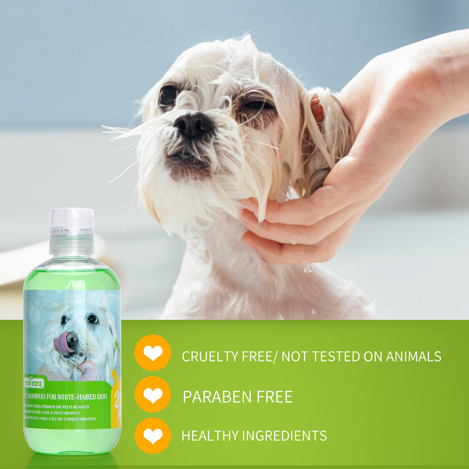 Nobleza champ&uacute; para perros blancos -Eliminar las manchas sin lej&iacute;a ni per&oacute;xido, champu perros pelo blanco con Fragancia de Naranja, Champ&uacute; para bich&oacute;n, Malt&eacute;s y Samoyedo  250 ml, , large Imagen numero 2