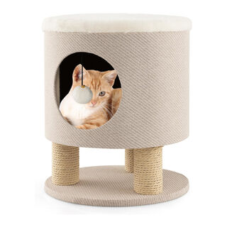 COSTWAY Taburete 3 en 1 con Condominio y Poste Rascador en Beige para gatos