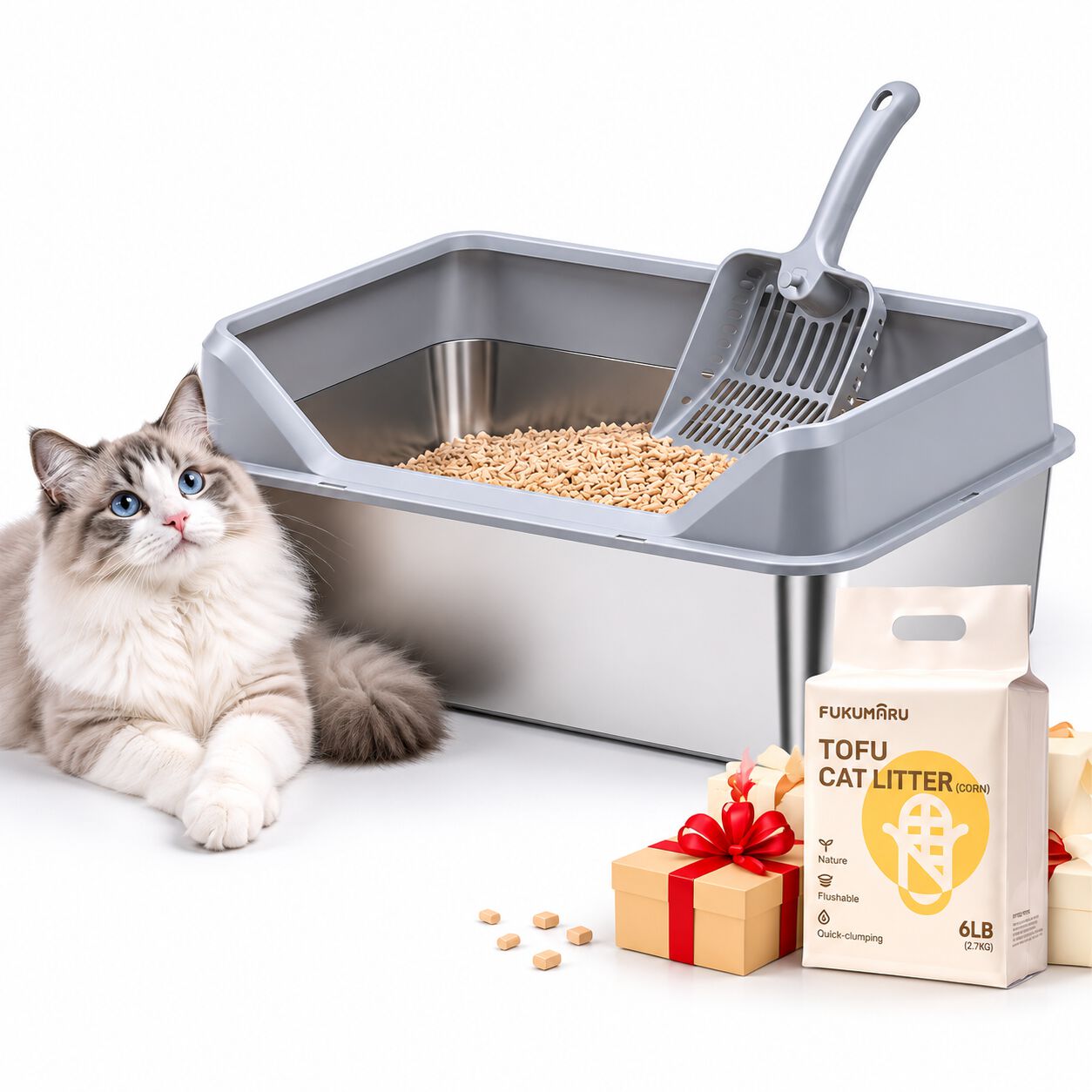 FreshPaw Arenero Grande de Acero Inoxidable para Gatos 70 &times; 50 &times; 29,5 cm, Bandeja Higi&eacute;nica Antisalpicaduras para Gatos Grandes, con Pala y Arena de Tofu FUKUMARU 2,7 kg de Regalo, , large Imagen numero 1