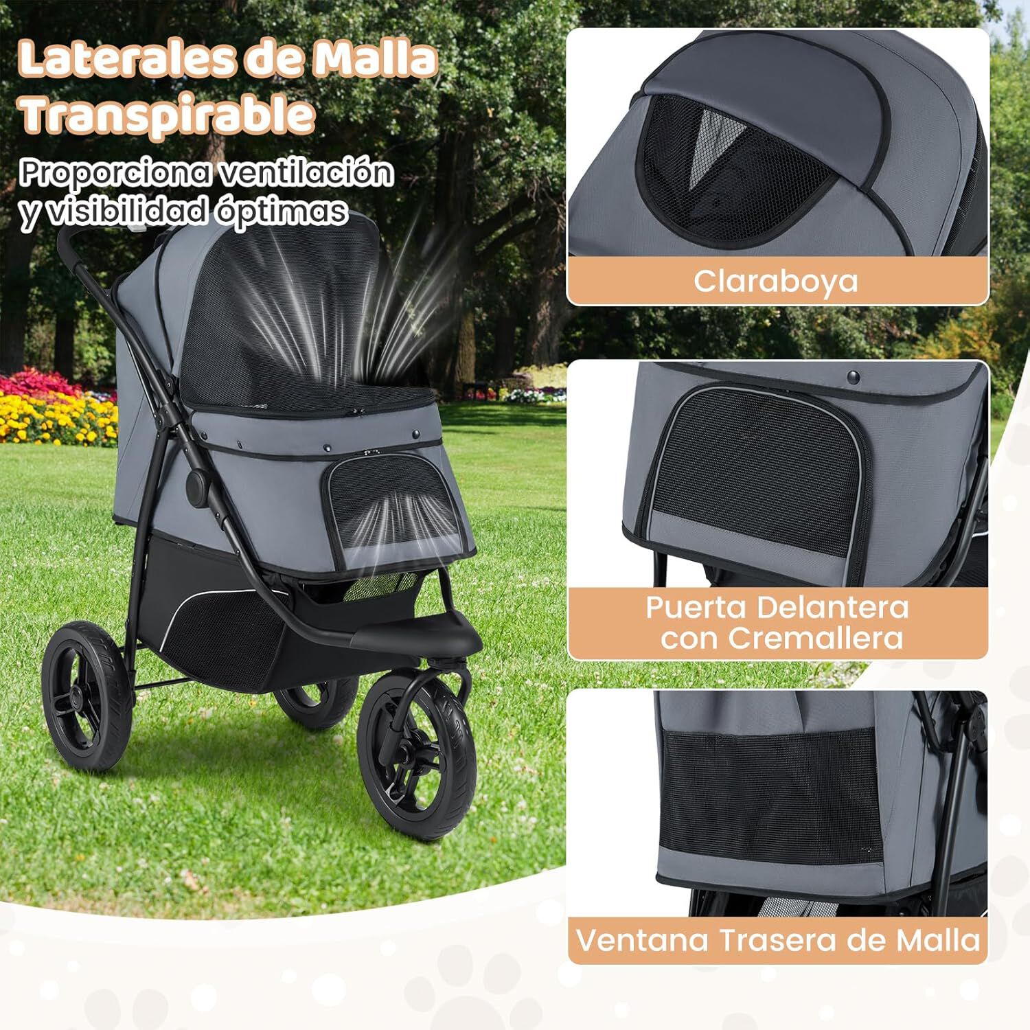 COSTWAY Cochecito Plegable para Perros, Carrito para Perros Peque&ntilde;os con Ruedas Todoterreno, Freno, Capota Ajustable, Cesta, Coj&iacute;n, Correa de Seguridad, Bolsa de Transporte Mascota, Hasta 25kg (Gris), , large Imagen numero 3