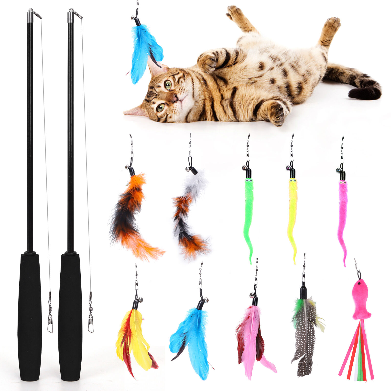 Nobleza - Juguete Pluma de Gato Interactivo 12 Piezas, 2 Varitas Divertidas Retr&aacute;ctiles y 10 Teaser，Juguete Interactivo con Plumas，Juguetes para Gatos con Campana(10PCS）, , large Imagen numero 1