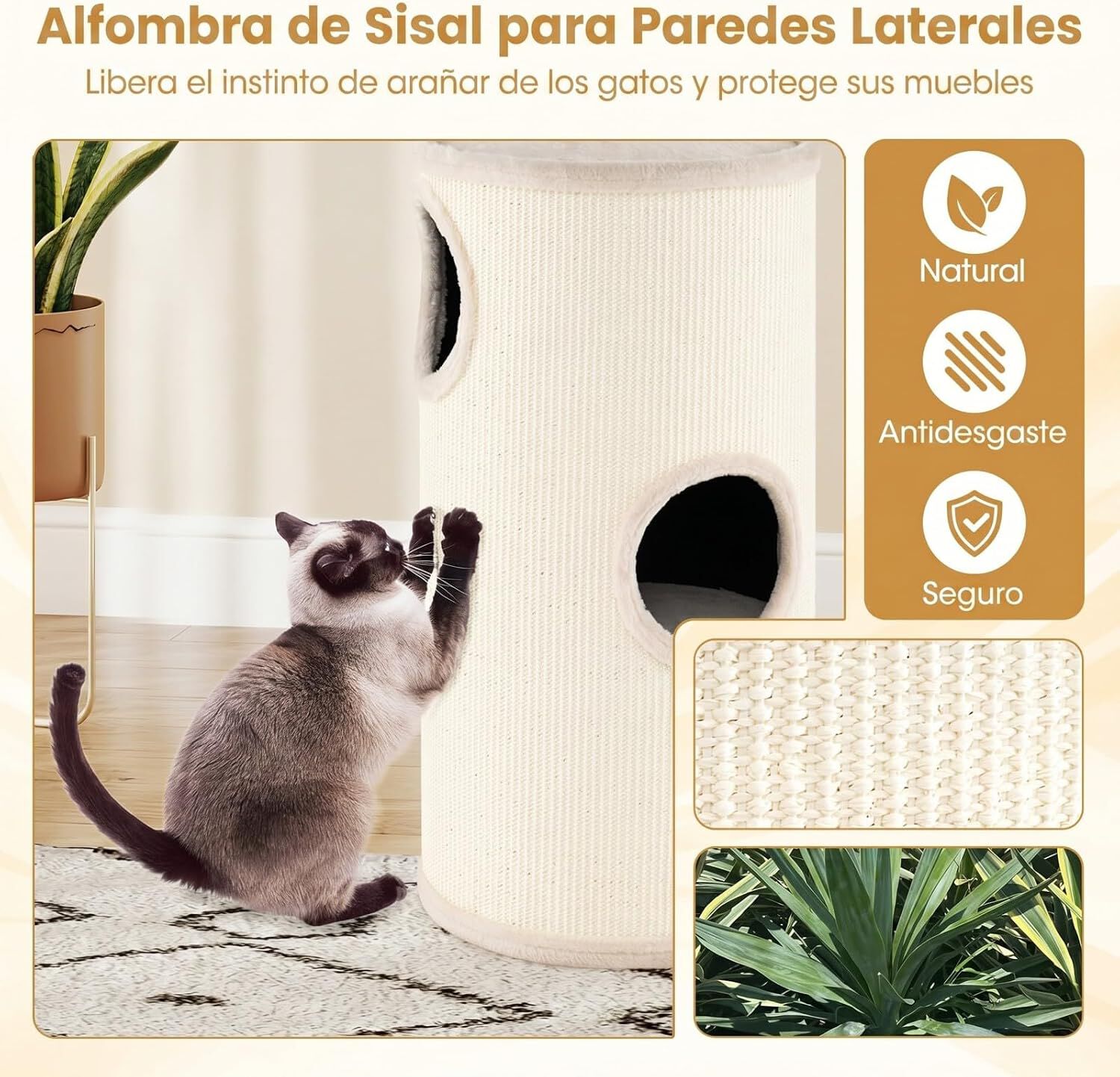 COSTWAY 70 cm Barril Rascador para Gatos de 4 Niveles, Torre Gato Rascador con Almohadilla para Rascar de Sisal, Cama Acolchada, Condominio para Gato Forma Barril, Beige, , large Imagen numero 4
