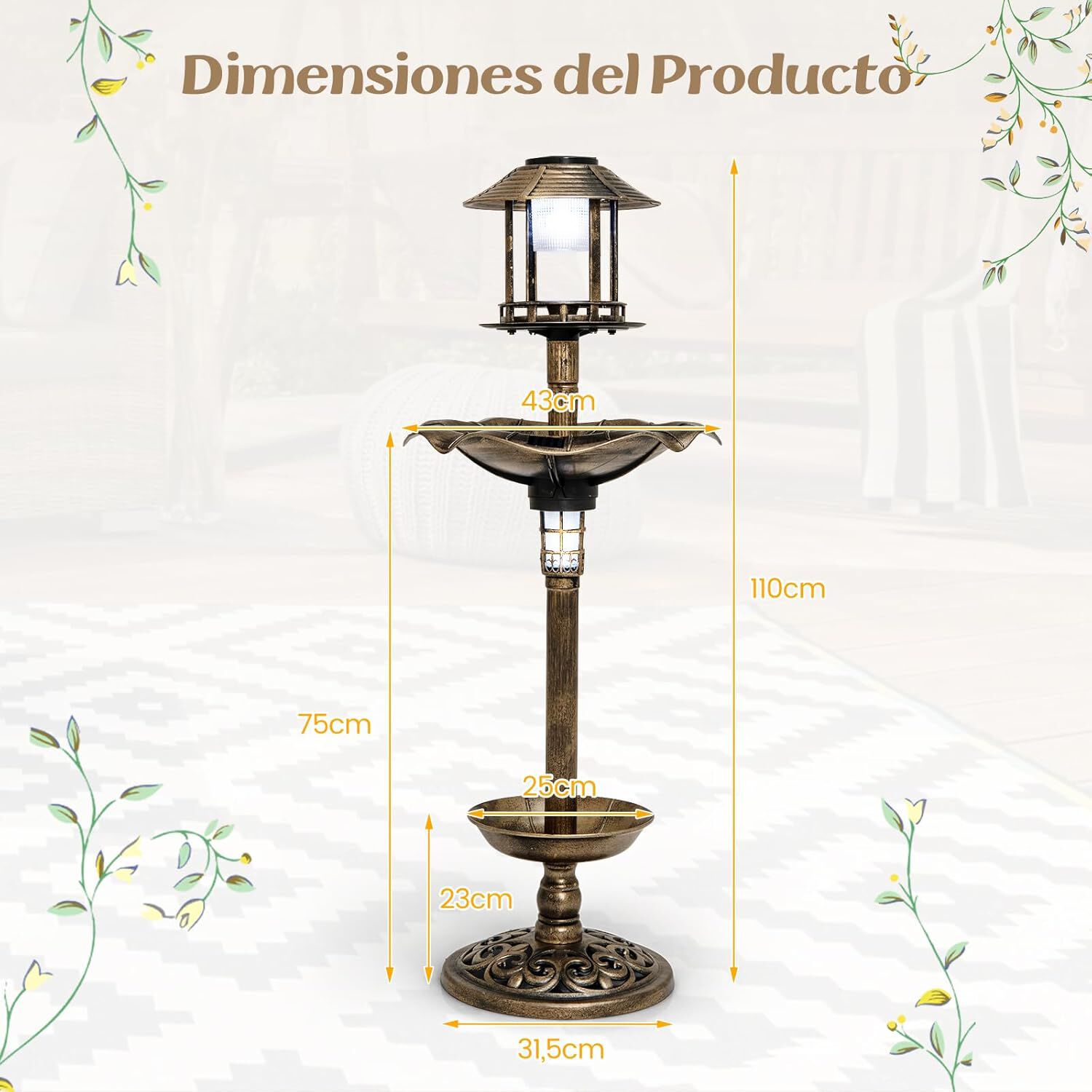 COSTWAY Comedero de Pájaros Exterior con 2 Luces LED Solares y Macetero de Flores en bronce para aves thumbnail