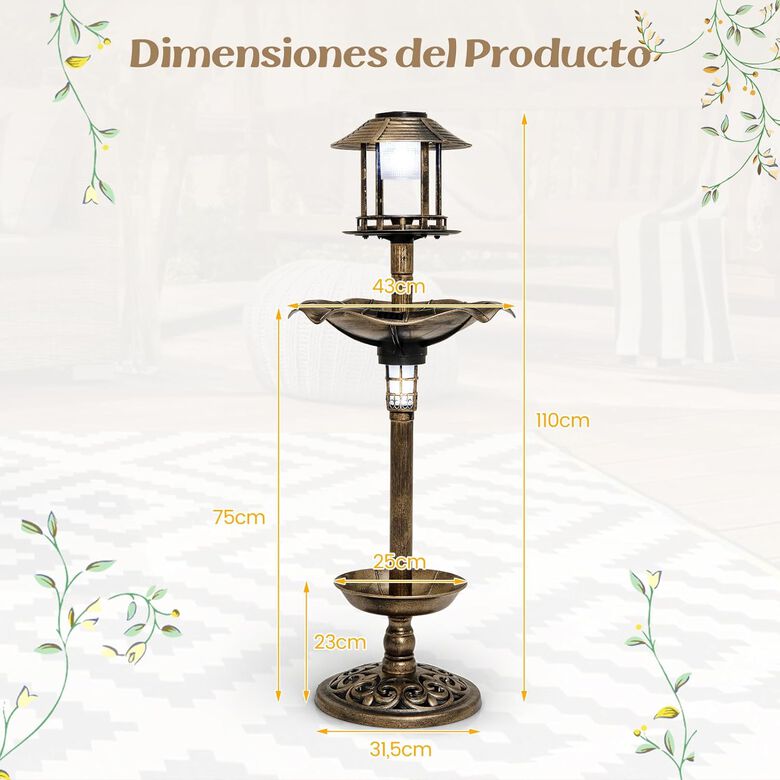 COSTWAY Comedero de Pájaros Exterior con 2 Luces LED Solares y Macetero de Flores en bronce para aves thumbnail