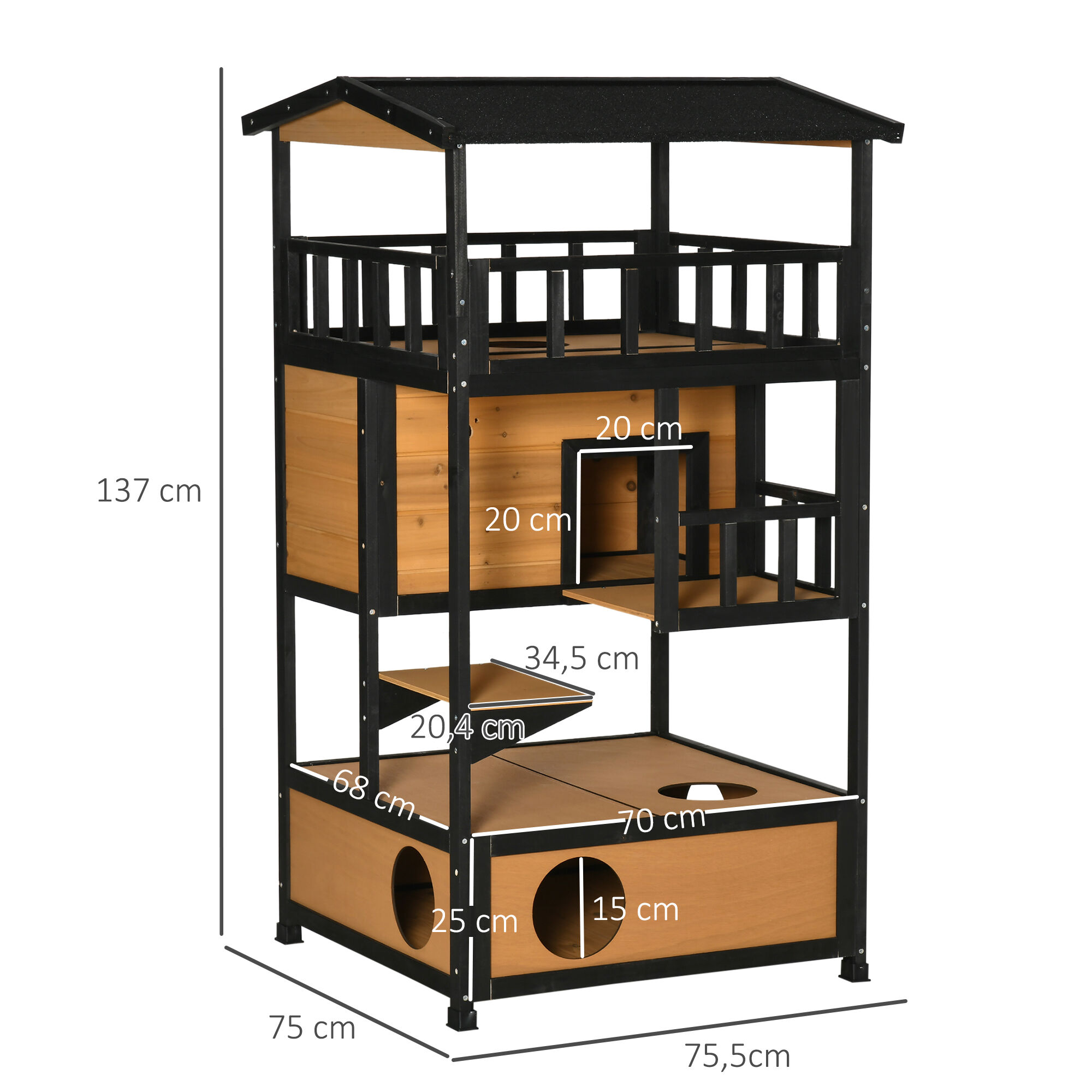 PawHut Casa para Gatos de Madera 75,5x75x137 cm Caseta para Gatos Refugio para Gatos con Techo Asf&aacute;ltico y Plataformas para Interior y Exterior Natural, , large Imagen numero 3