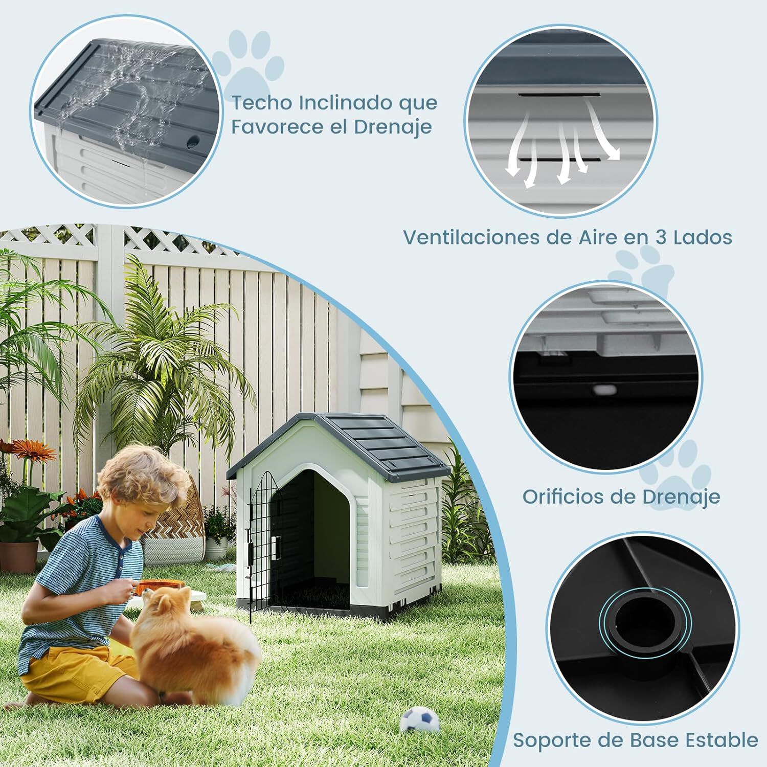 COSTWAY Caseta de Pl&aacute;stico para Perros, Refugio para Mascotas Impermeable con Puerta Met&aacute;lica con Cerradura, Techo Inclinado y Rejillas de Ventilaci&oacute;n, Caseta Perro para Interior y Exterior (Gris), , large Imagen numero 4