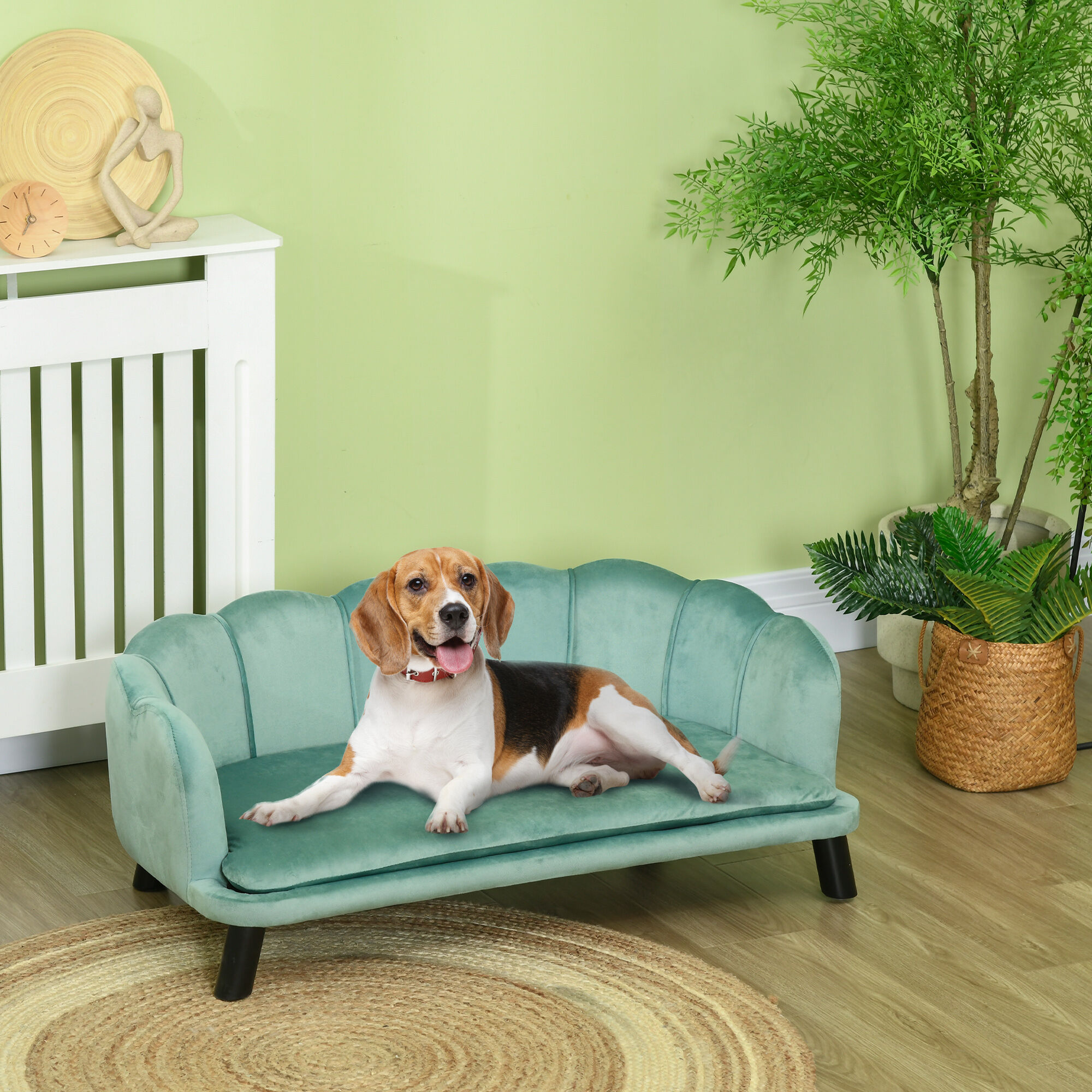 PawHut Sof&aacute; para Perros Medianos Sof&aacute; Cama para Mascotas Gatos Tapizado en Terciopelo con Patas de Madera Carga 25 kg 98,5x60,5x35,5 cm Verde, , large Imagen numero 2