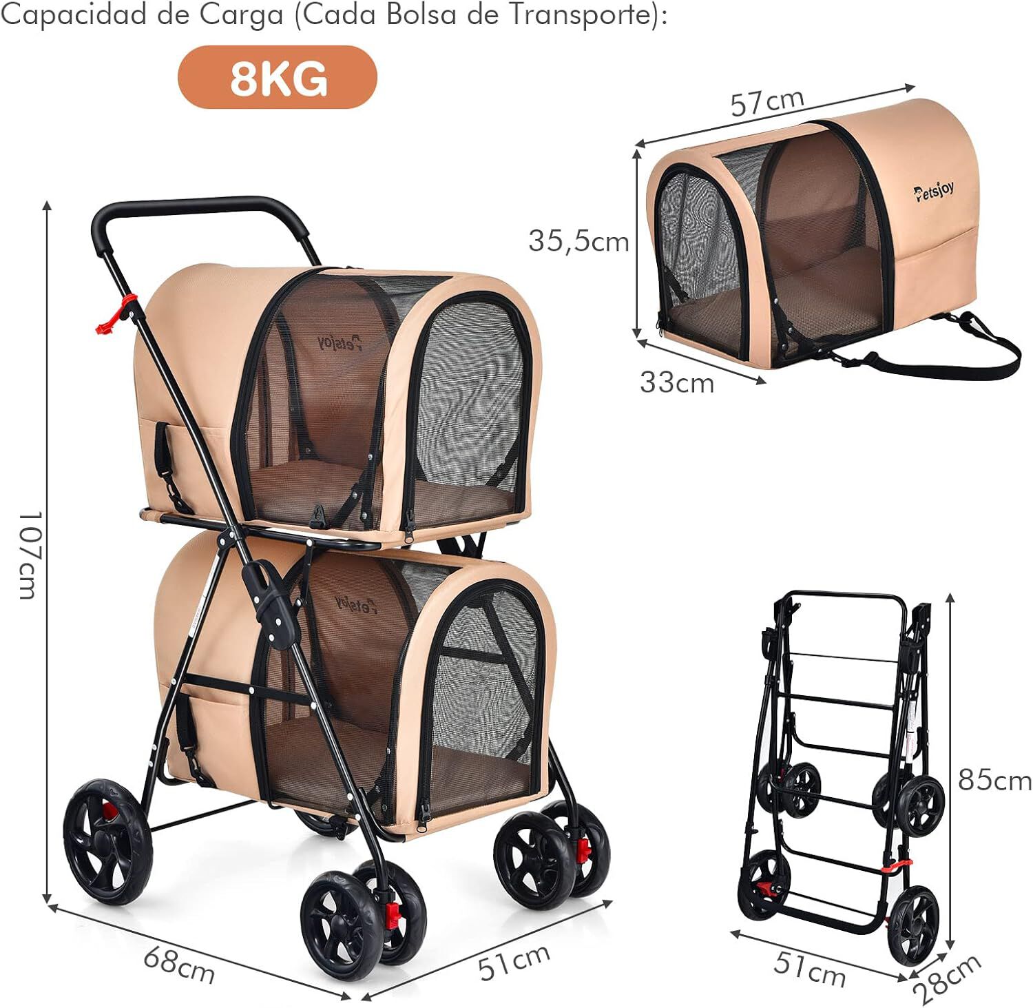 Costway Cochecito Doble Multifuncional Beige para perros y gatos thumbnail
