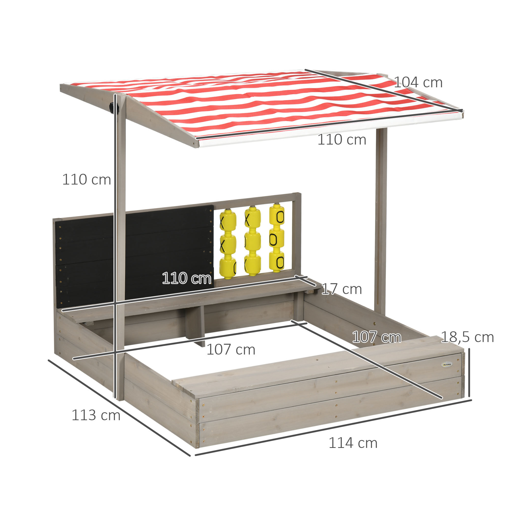 Outsunny Arenero de Madera para Ni&ntilde;os de 3-7 A&ntilde;os Arenero Infantil con Techo Ajustable de Tela no Tejida Banco de 2 Asientos Pizarra y Juguetes para Patio Jard&iacute;n 114x113x110 cm Gris, , large Imagen numero 3