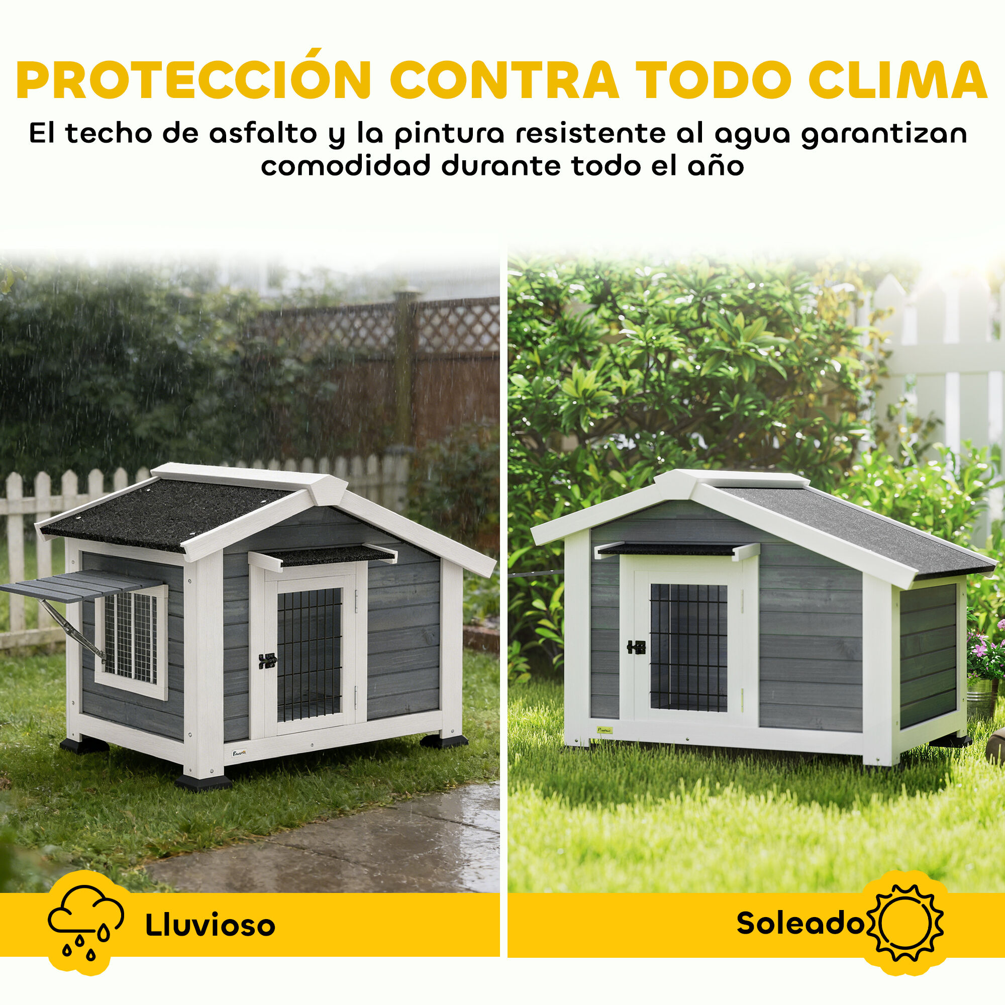 PawHut Caseta para Perros Exterior de Madera, Casa para Perros Medianos con Techo Asf&aacute;tico, Suelo Extra&iacute;ble, Ventana Abatible y Puerta Ventilada, Base Elevada, 98x76x69,5 cm, Gris, , large Imagen numero 5