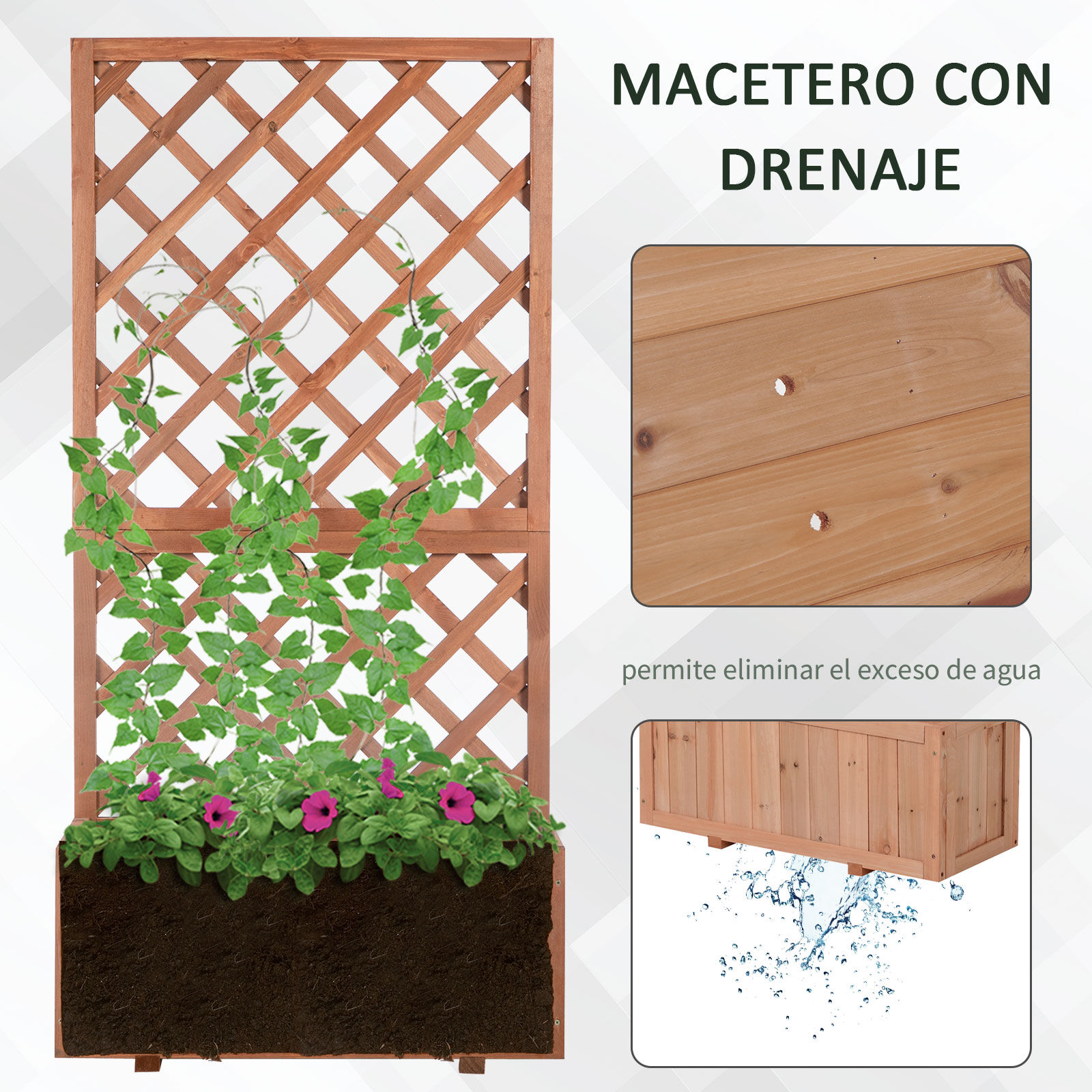 Outsunny Jardinera con Enrejado de Madera Maciza Macetero de Jard&iacute;n con Soporte para Trepadora para Cultivo de Plantas Flores 72,5x31,5x149,5 cm Natural, , large Imagen numero 5