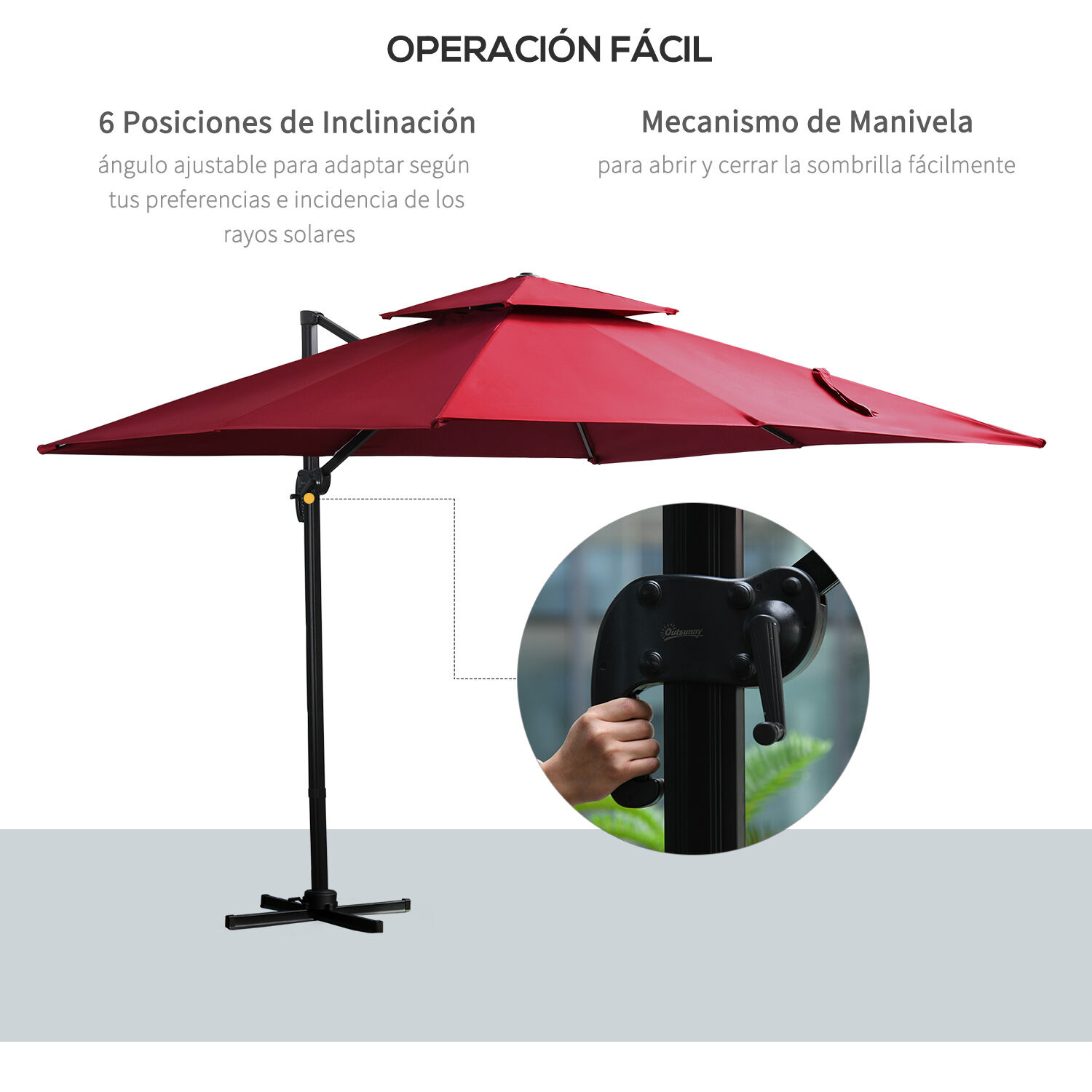 Outsunny Sombrilla de Jard&iacute;n 300x300 cm Parasol de Aluminio con Manivela Poste Giratorio 360&deg; Doble Techo Inclinable en 6 Posiciones y Base Cruzada Incluida Rojo, , large Imagen numero 4