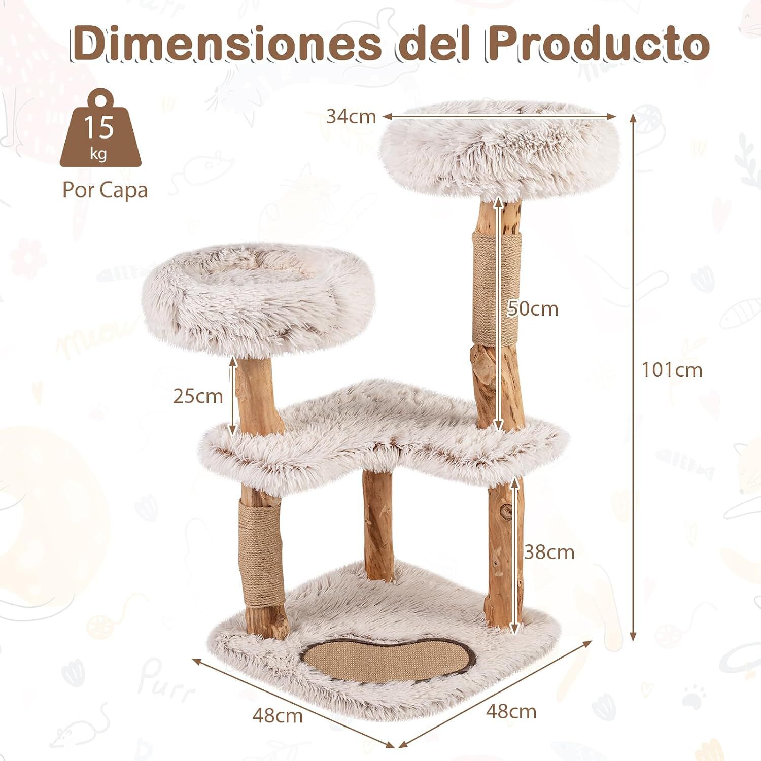 COSTWAY 101 cm &Aacute;rbol Rascador para Gatos de Madera Maciza, 4 Plataformas Acolchadas de Felpa, Postes Rascadores y Alfombrilla, Torre Rascador para Gatos en Forma de Ramas de Bohemio para Interior, , large Imagen numero 5