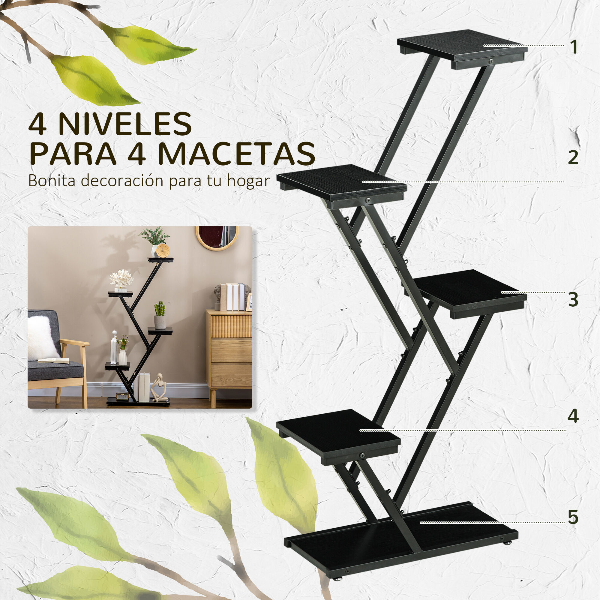 Outsunny Soporte para Plantas de 4 Niveles Estanter&iacute;a de Madera para Macetas con Marco de Acero para Interiores Exteriores Sal&oacute;n Dormitorio 53x24x119,5 cm Negro, , large Imagen numero 4