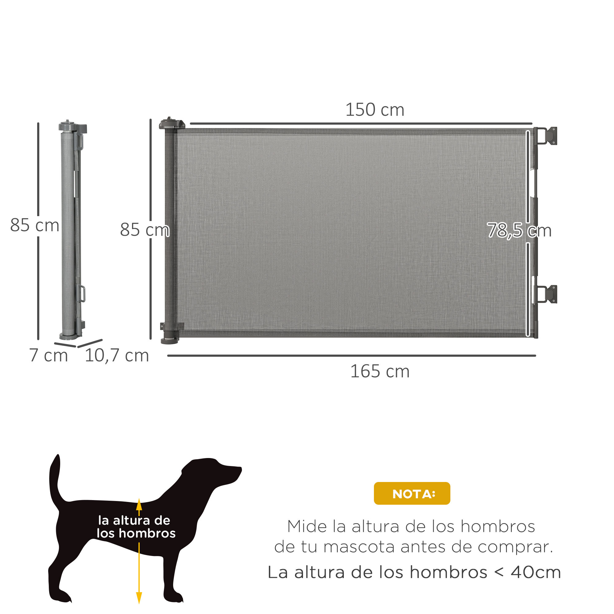 PawHut Puerta de Seguridad para Perros y Gatos Extensible 0-150 cm Puerta Retr&aacute;ctil para Mascotas Barrera para Escaleras y Pasillos Aleaci&oacute;n de Aluminio 165x10,7x85 cm Gris, , large Imagen numero 3